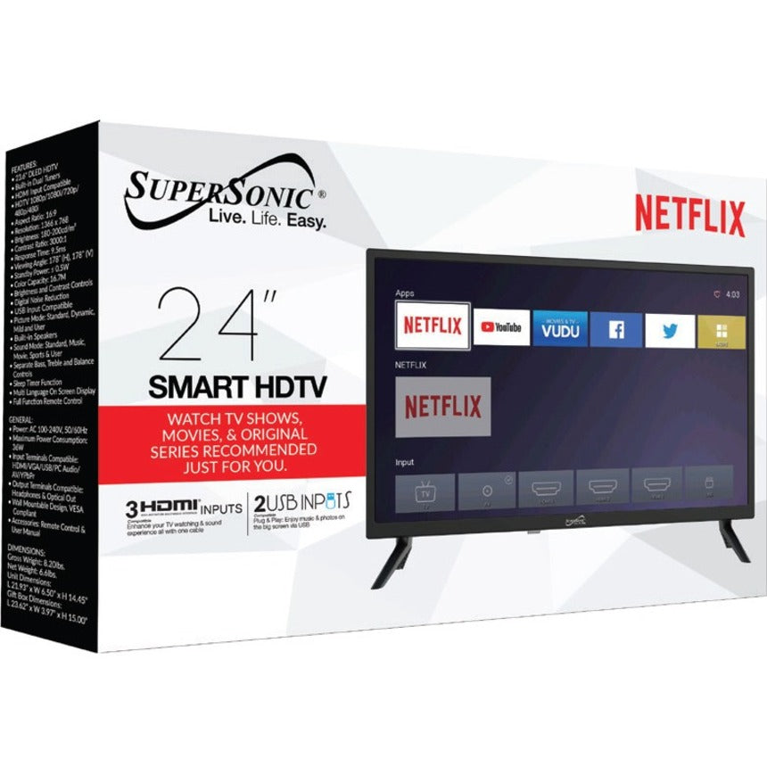 Supersonic SC-2416STV Smart LED-LCD TV, 24" HDTV, Black