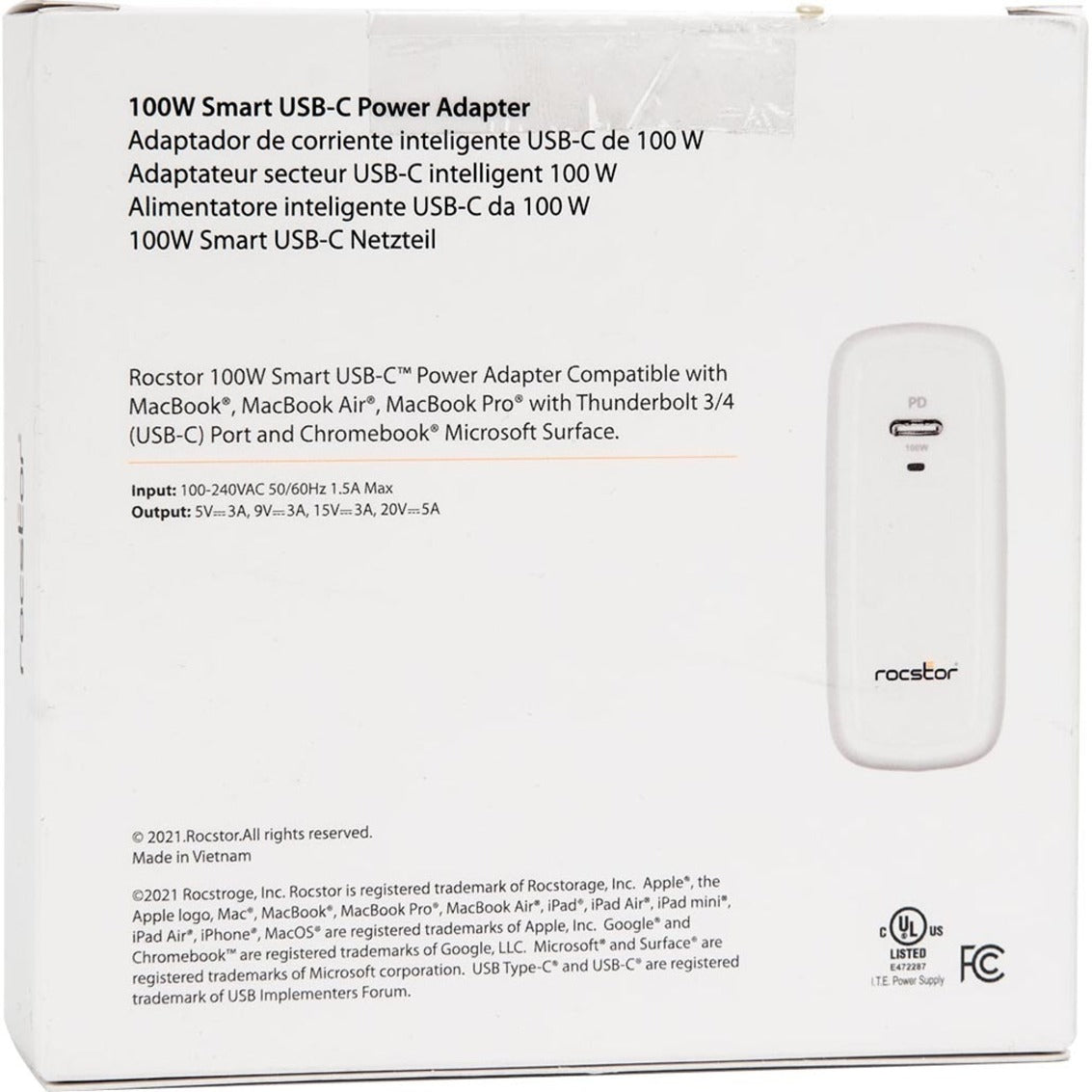 Rocstor Y10A247-W1 100W SMART USB-C Power Adapter - GaN Technology, UL & FCC/CE Certified, White