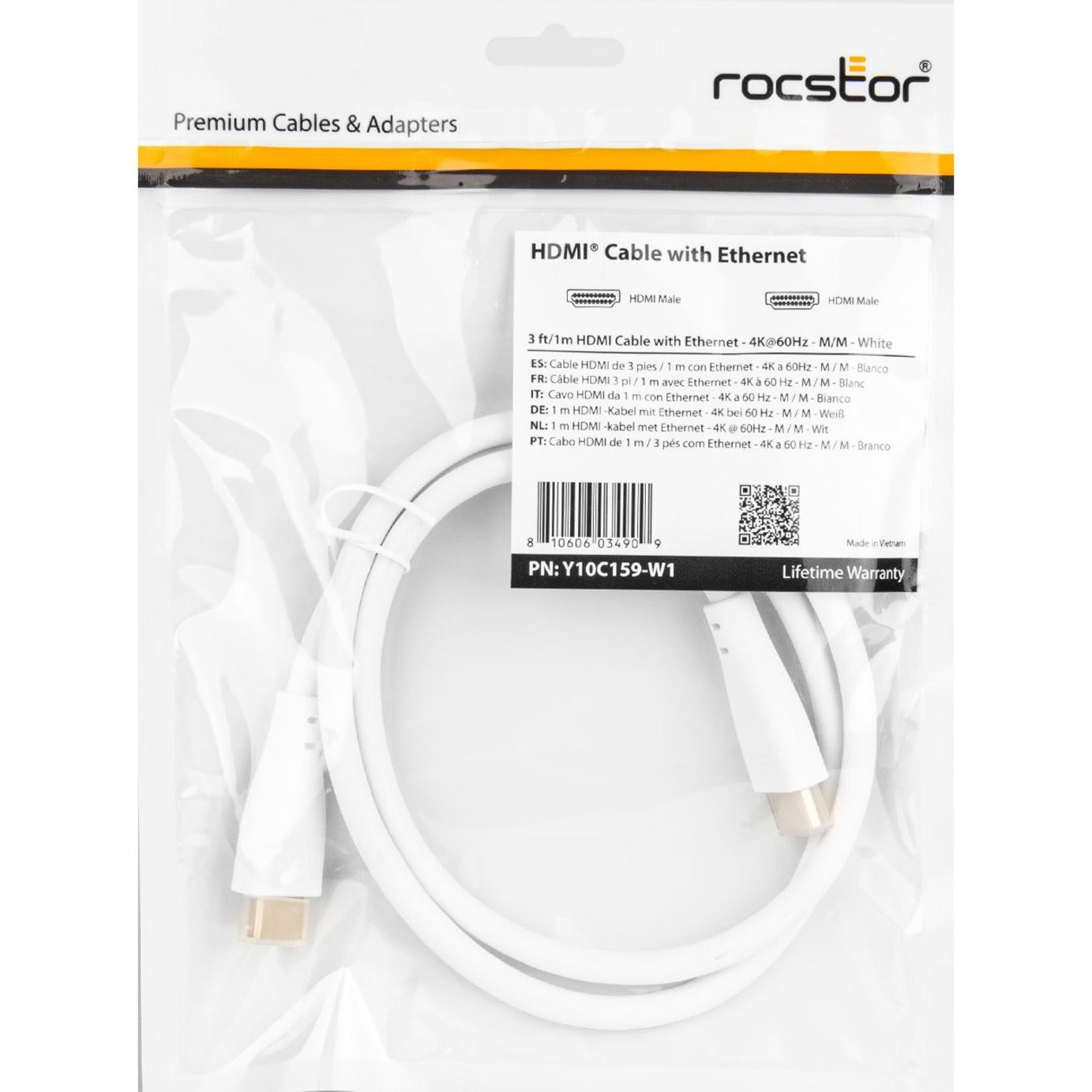 Rocstor Y10C159-W1 Premium HDMI Cable with Ethernet - 4K/60Hz, 3 ft, Gold-Plated Connectors, Lifetime Warranty