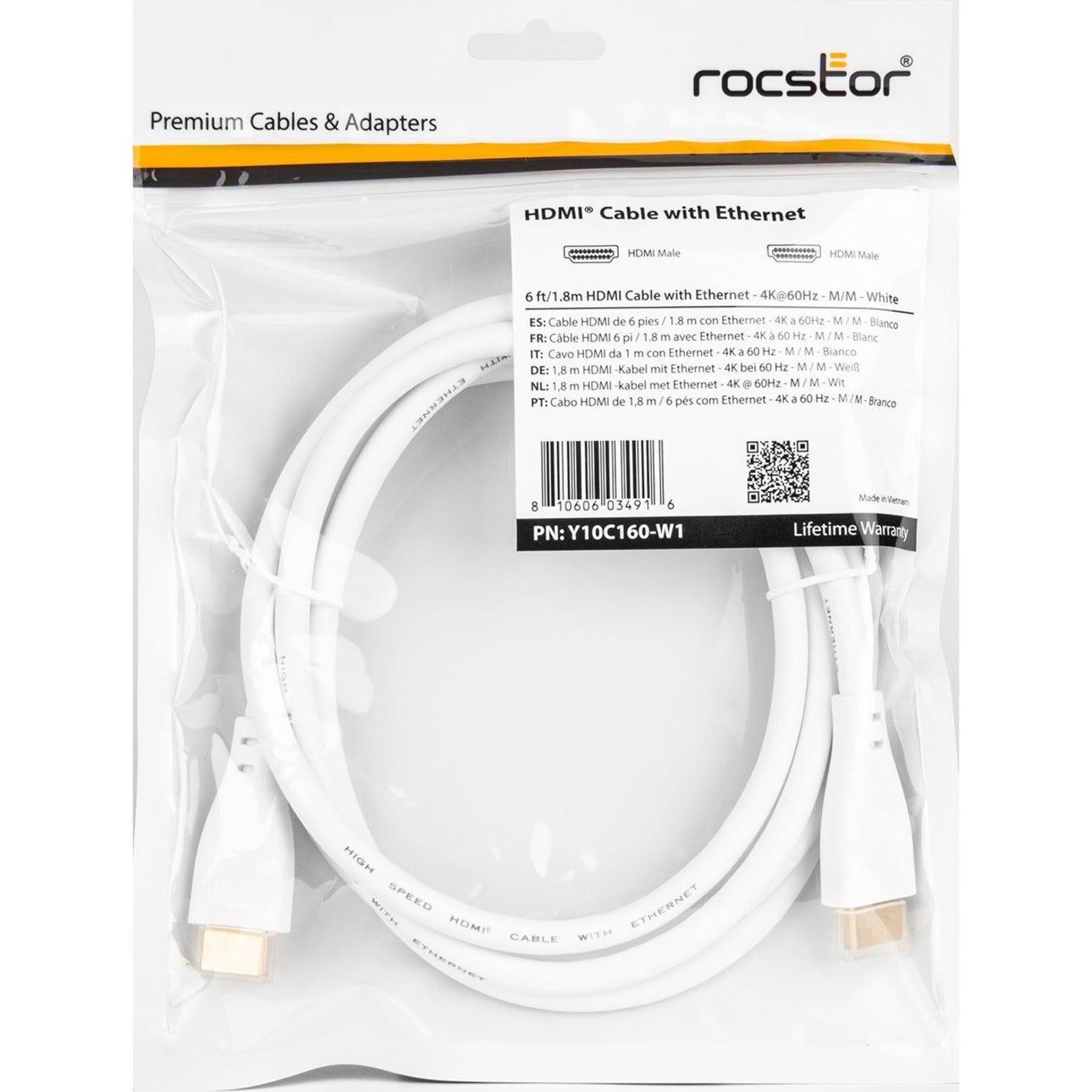 Rocstor Y10C160-W1 Premium HDMI Cable with Ethernet - 4K/60Hz, 6 ft, Gold-Plated Connectors, Lifetime Warranty