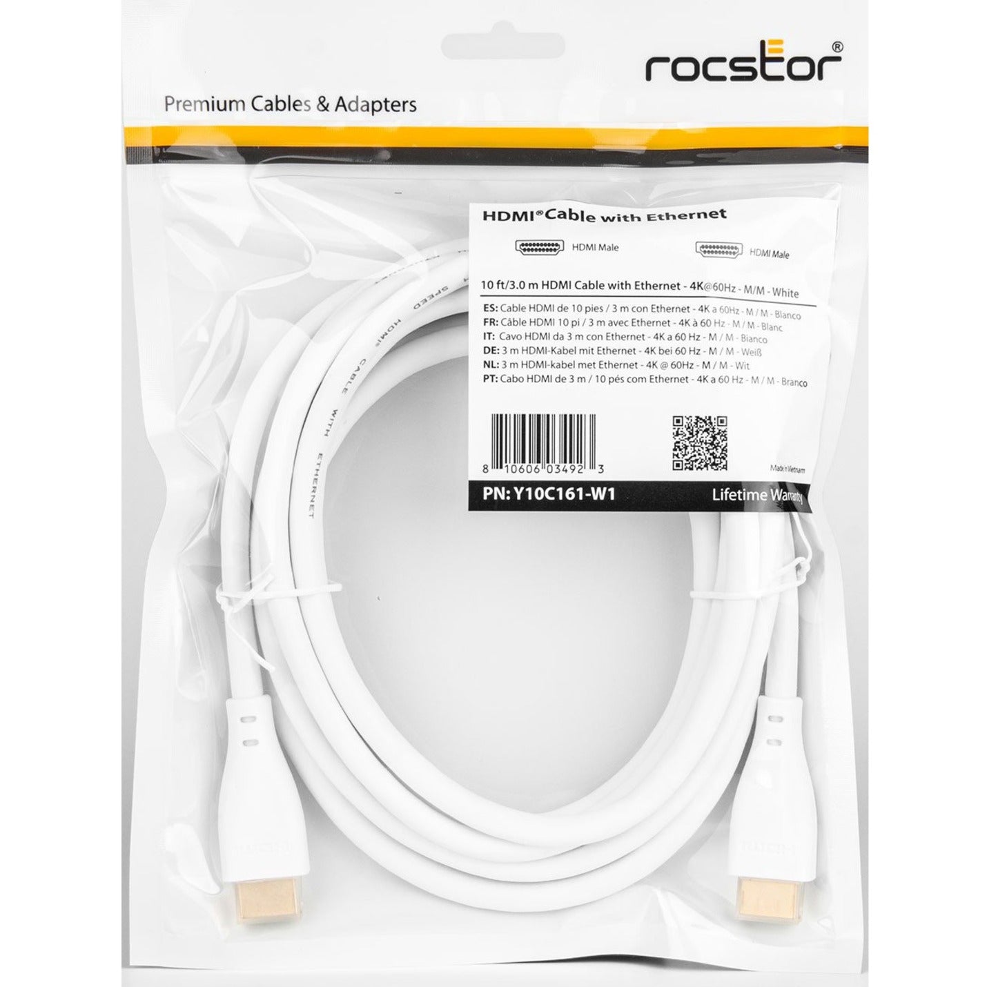 Rocstor Y10C161-W1 Premium HDMI Cable with Ethernet - 4K/60Hz, 10 ft, Gold Plated, Lifetime Warranty