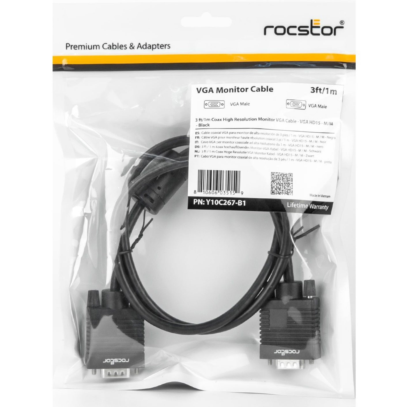 Rocstor Y10C267-B1 High Resolution VGA Monitor Cable, 3 ft, EMI/RF Protection, RoHS Certified