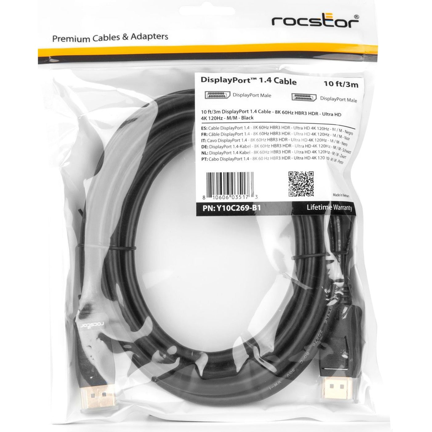 Rocstor Y10C269-B1 Premium DisplayPort 1.4 Cable - 8K/60Hz, HDR Support, HDCP 2.2, EMI Protection, 10 ft