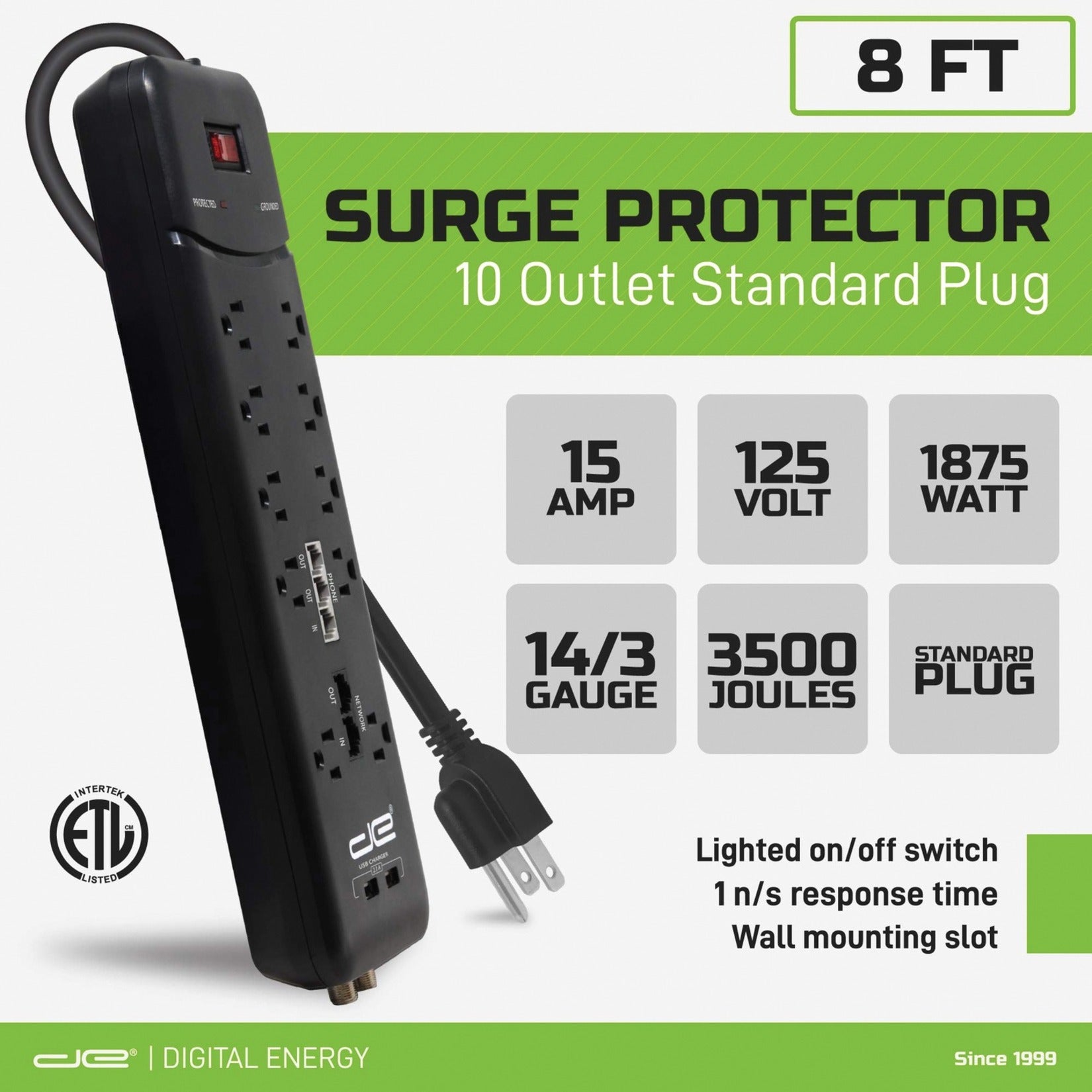 Digital Energy World DSS5-1034-BLK 10-Outlet Surge Protector Power Strip with USB Ports, Coaxial, Phone, and Modem Protection