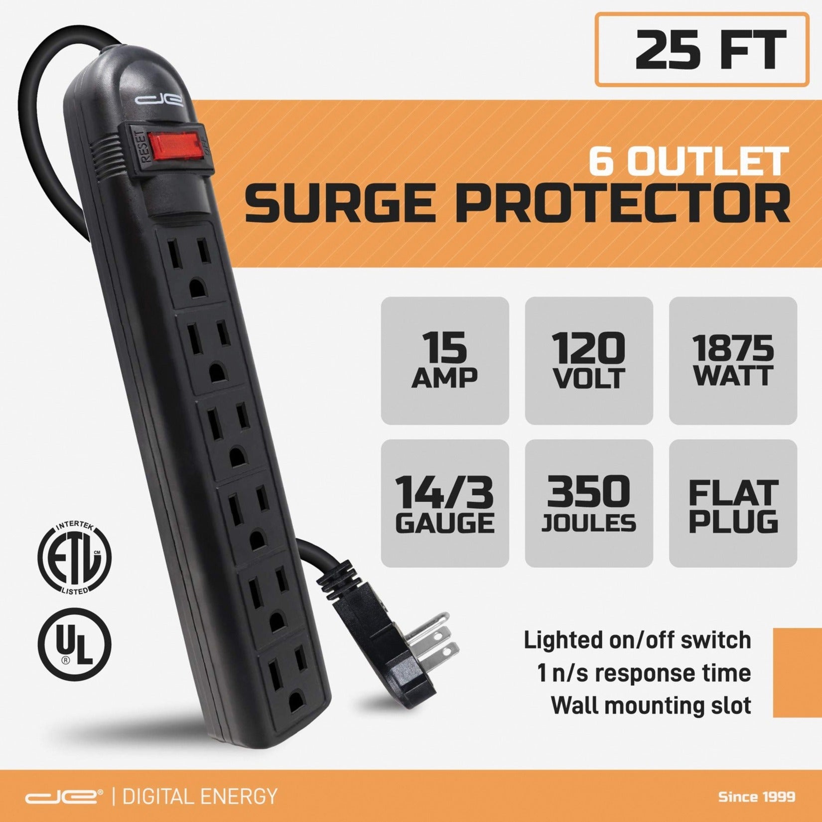 Digital Energy World DSS5-1043 6-Outlet Surge Protector Power Strip, Black, 25-Foot Cord
