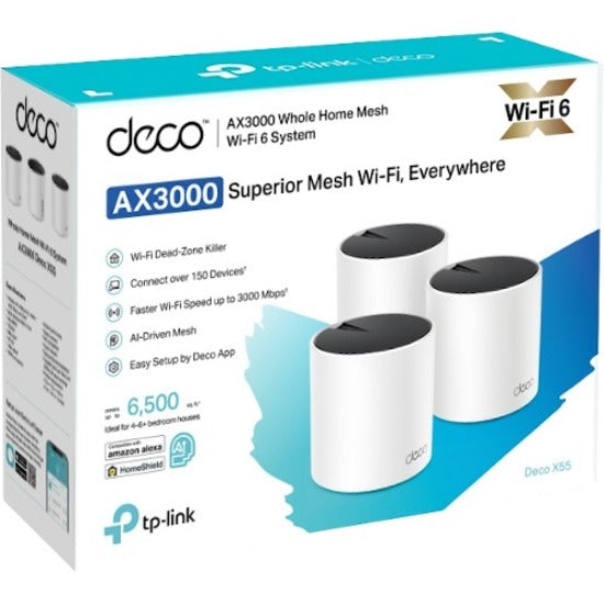 TP-Link DECO X55(3-PACK) Deco AX3000 Whole Home Mesh WiFi 6 System, Dual Band Gigabit Ethernet, 384 MB/s