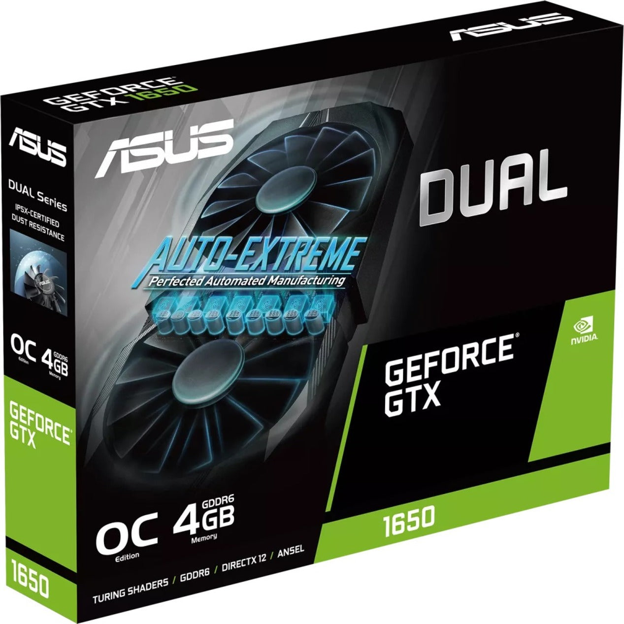 Asus DUAL-GTX1650-O4GD6-P Dual GeForce GTX 1650 OC Edition Graphic Card, 4 GB GDDR6, HDMI, DisplayPort, DVI-D, 6-pin Power Connector