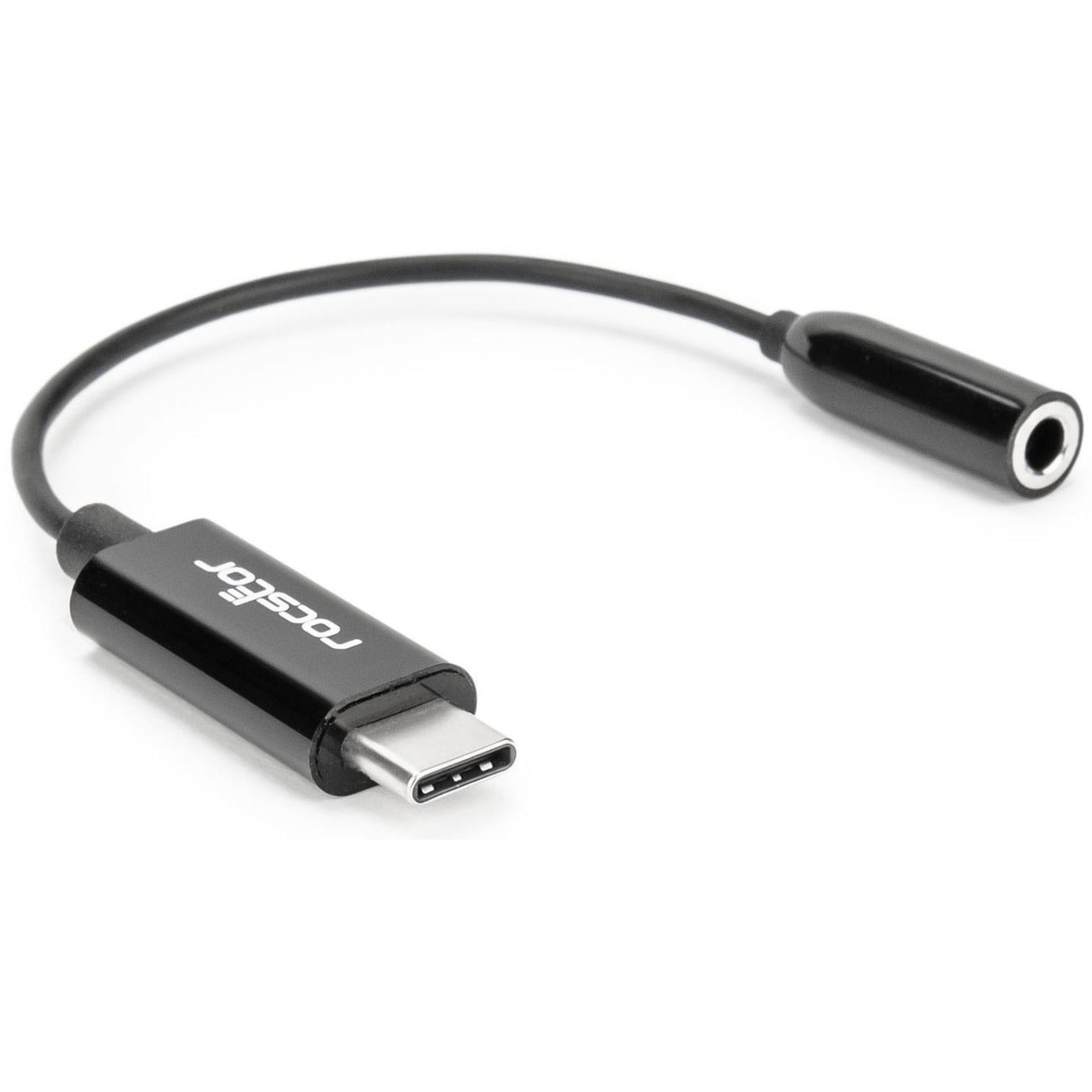Side view of Rocstor USB-C to 3.5mm adapter showing sleek black design and cable flexibility-alternate-image2