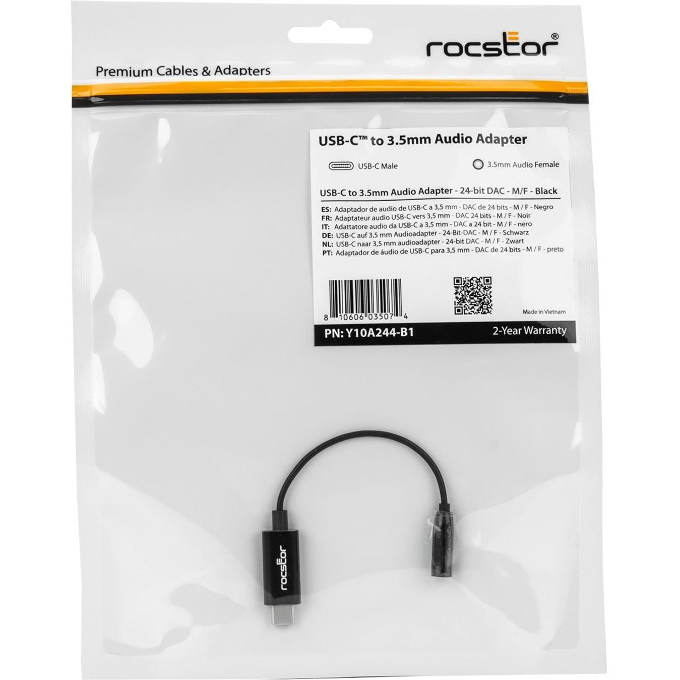 Retail packaging of Rocstor USB-C to 3.5mm audio adapter showing product specifications and warranty information-alternate-image4