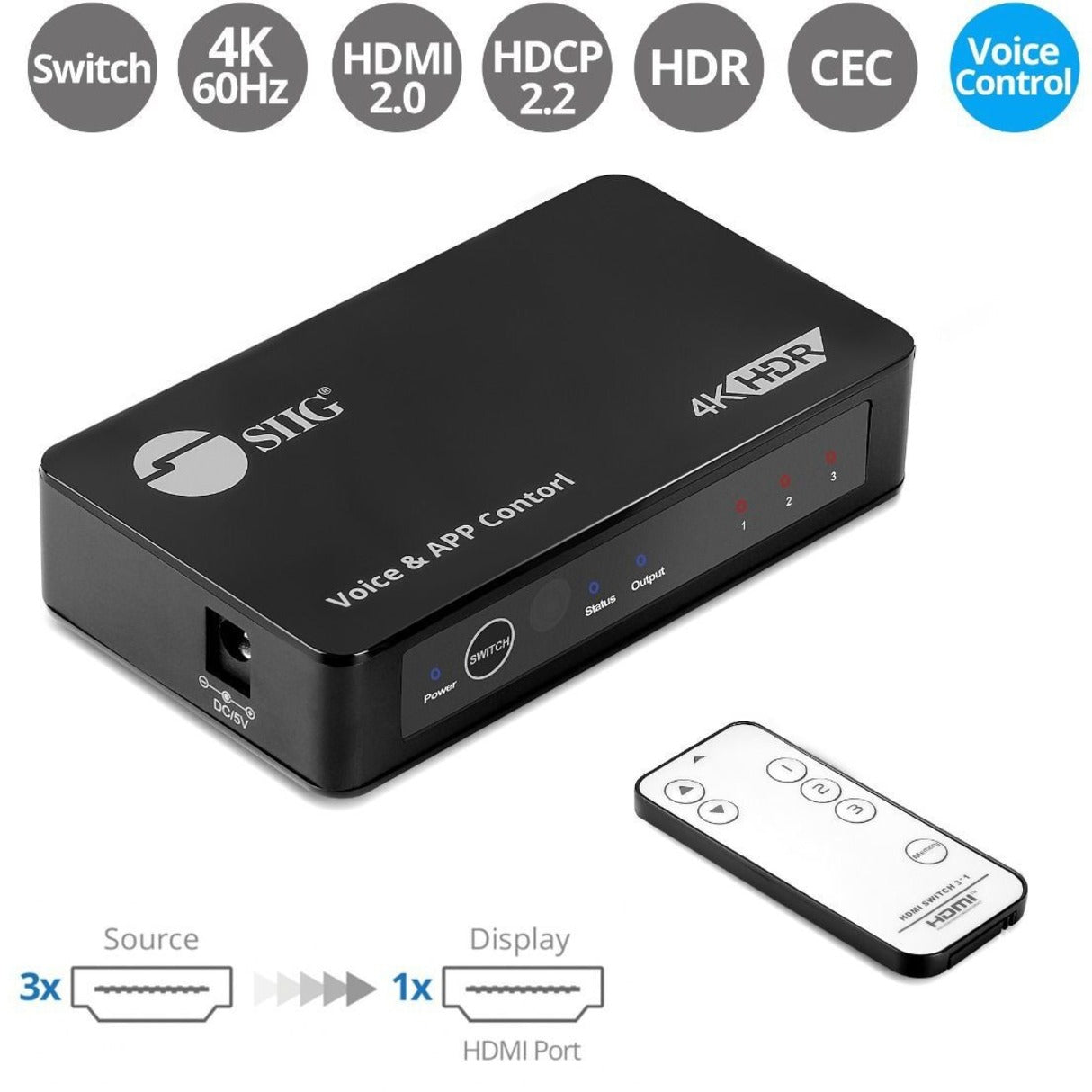 SIIG CE-H27211-S1 3x1 HDMI Switch with IR & Voice APP Control, 4K60Hz Graphics Modes, 2 Year Limited Warranty, China Origin, RoHS Certified