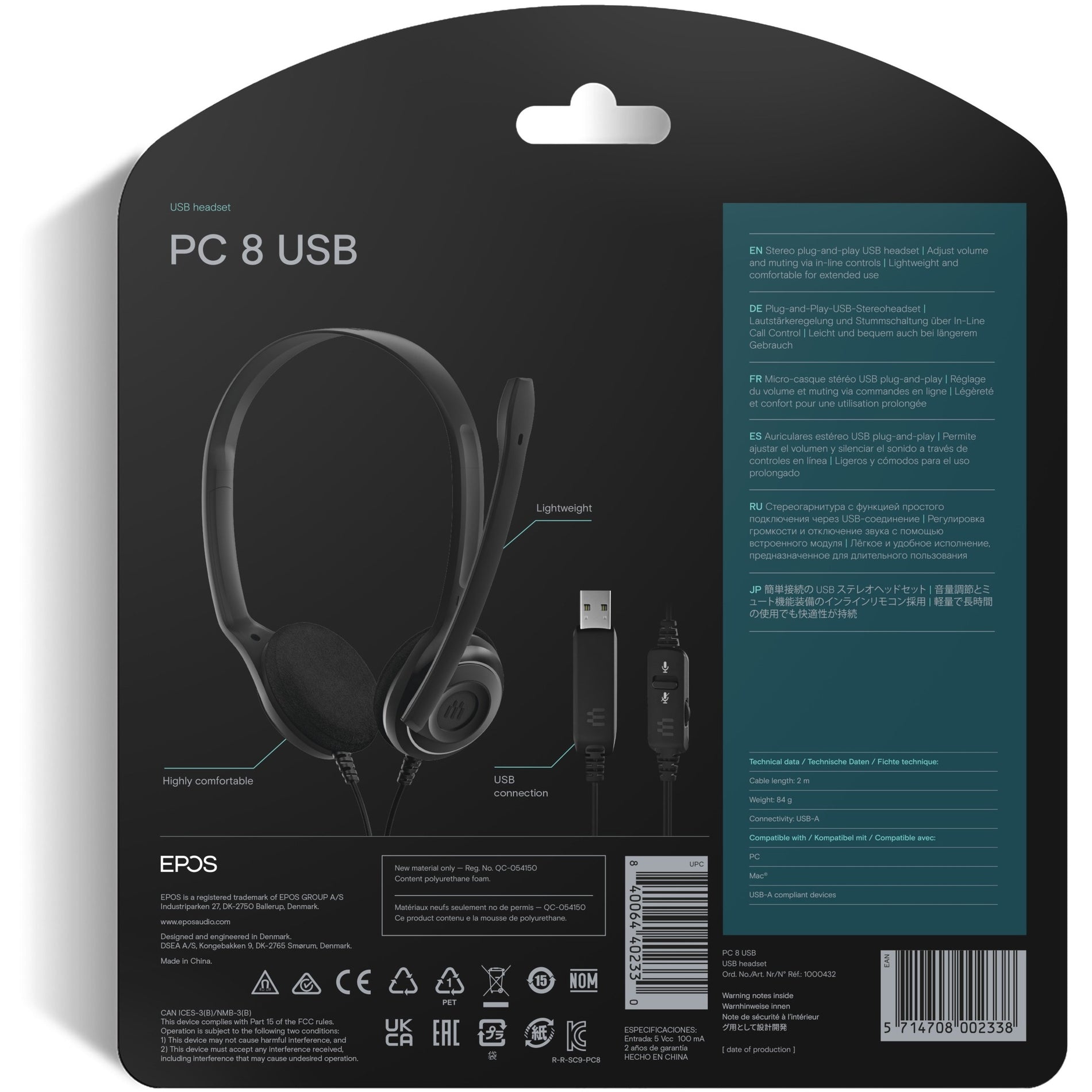 EPOS 1000432 PC 8 USB Headset, Comfortable, Noise Cancelling, Plug and Play