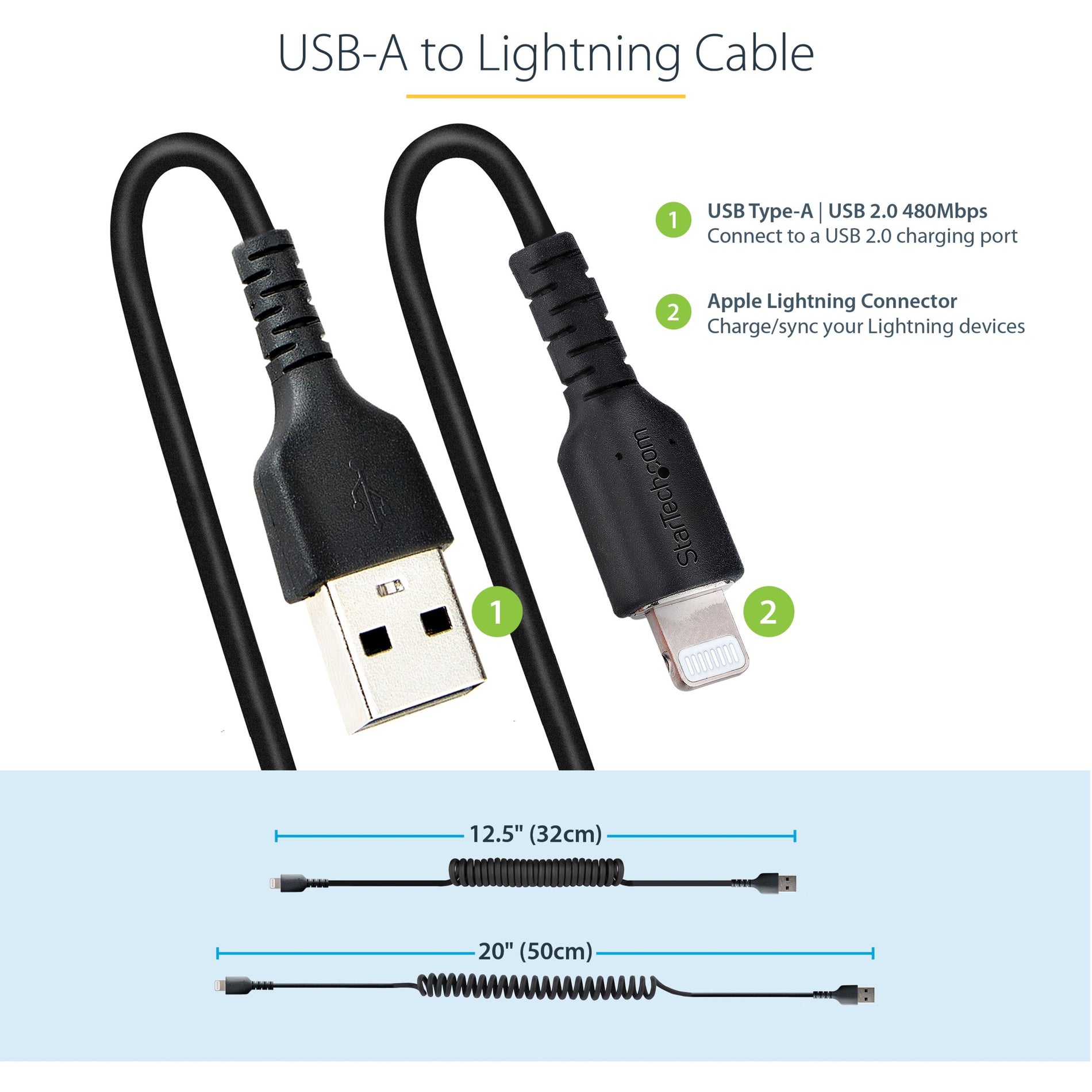 StarTech.com RUSB2ALT50CMBC Lightning/USB Data Transfer Cable, 1.64 ft, Heavy Duty, Bendable, Halogen Free, Rugged, Tangle Resistant, Flexible, Molded, Strain Relief, Damage Resistant, Coiled, Charging, Stretch Resistant