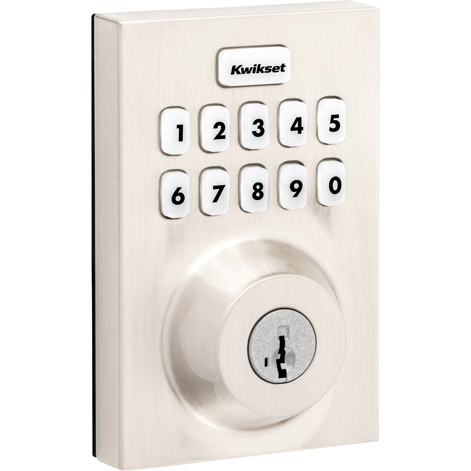 Kwikset Home Connect 620 smart lock featuring a white backlit keypad with numbers 0-9 and traditional deadbolt in matte finish-alternate-image1