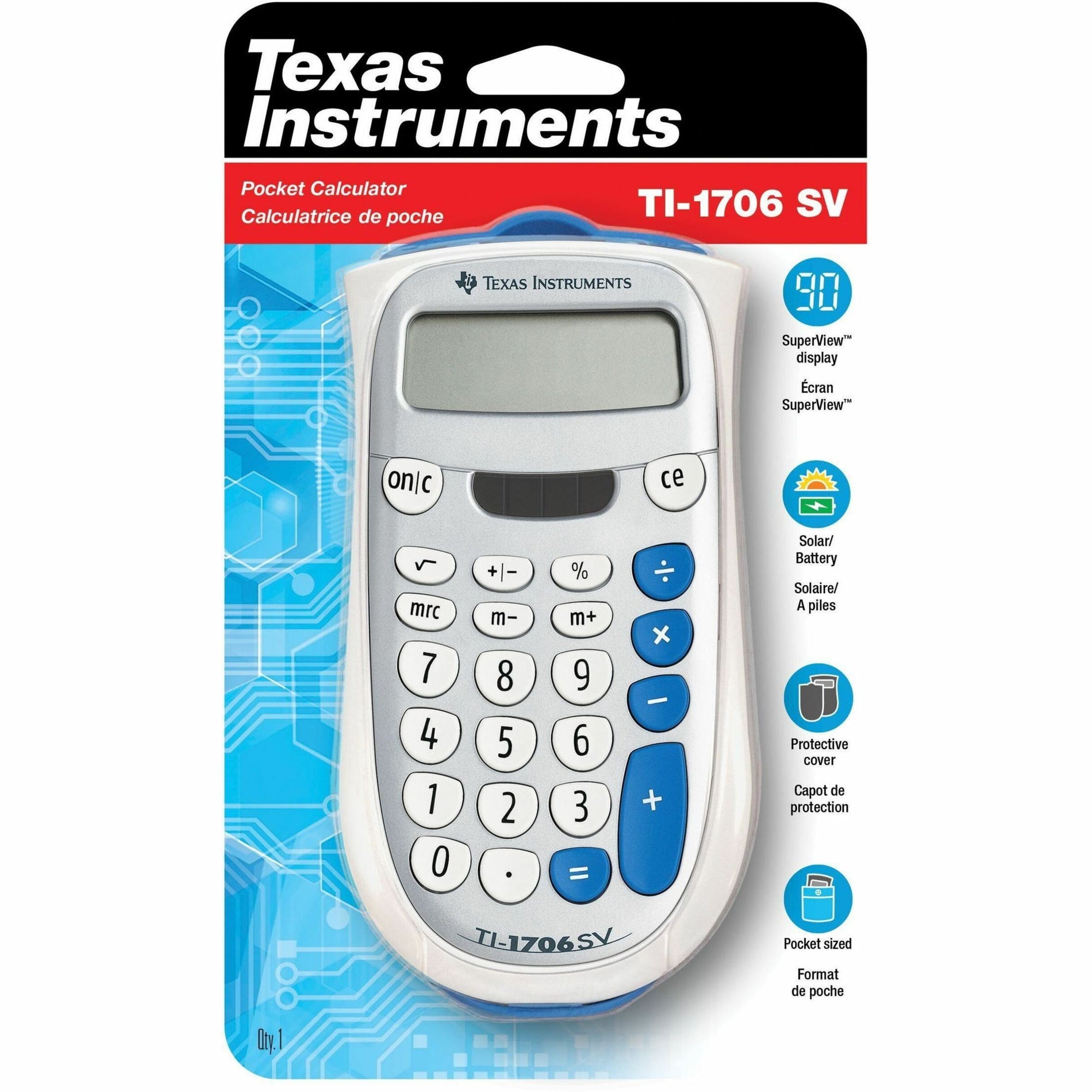 Texas Instruments 1706SV/TBL/2L1 TI-1706 SV Simple Calculator, Battery/Solar Powered, Color Coded Key, Rubber Key, Handheld