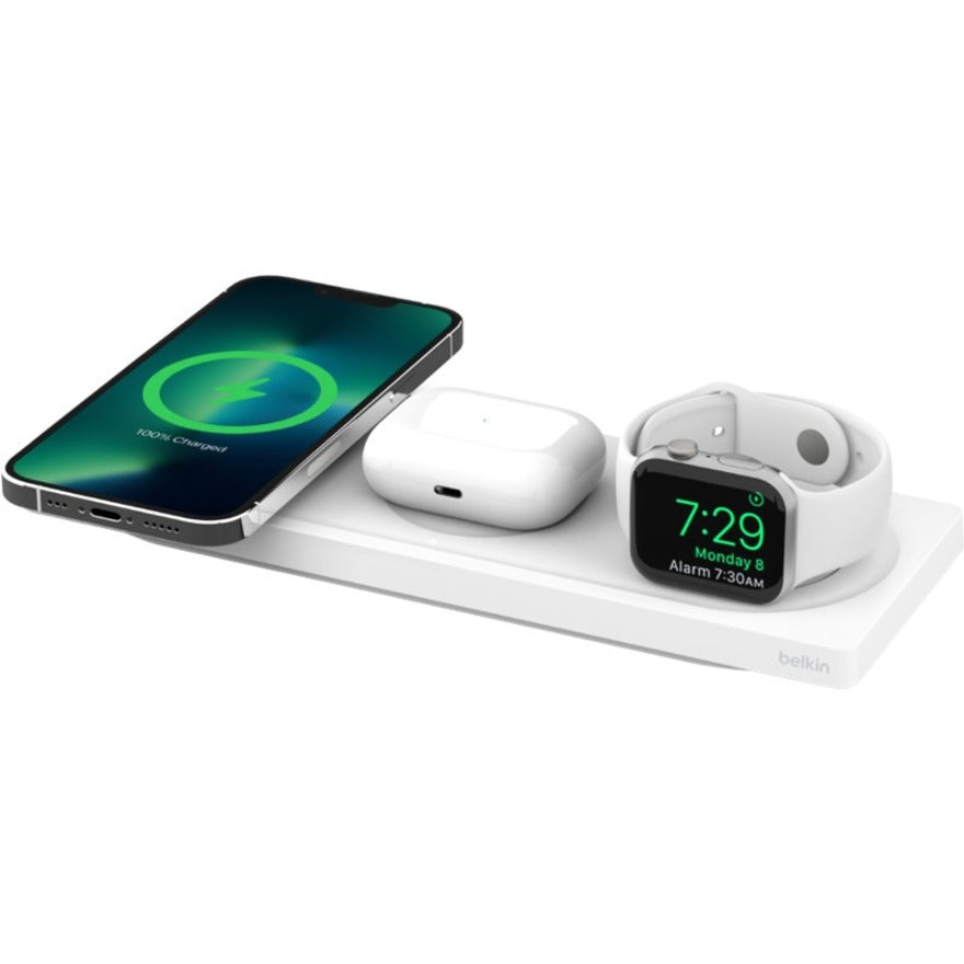 Belkin WIZ016TTWH 3-in-1 Wireless Charging Pad with MagSafe, Fast Charge Mode, LED Indicator, USB Charging