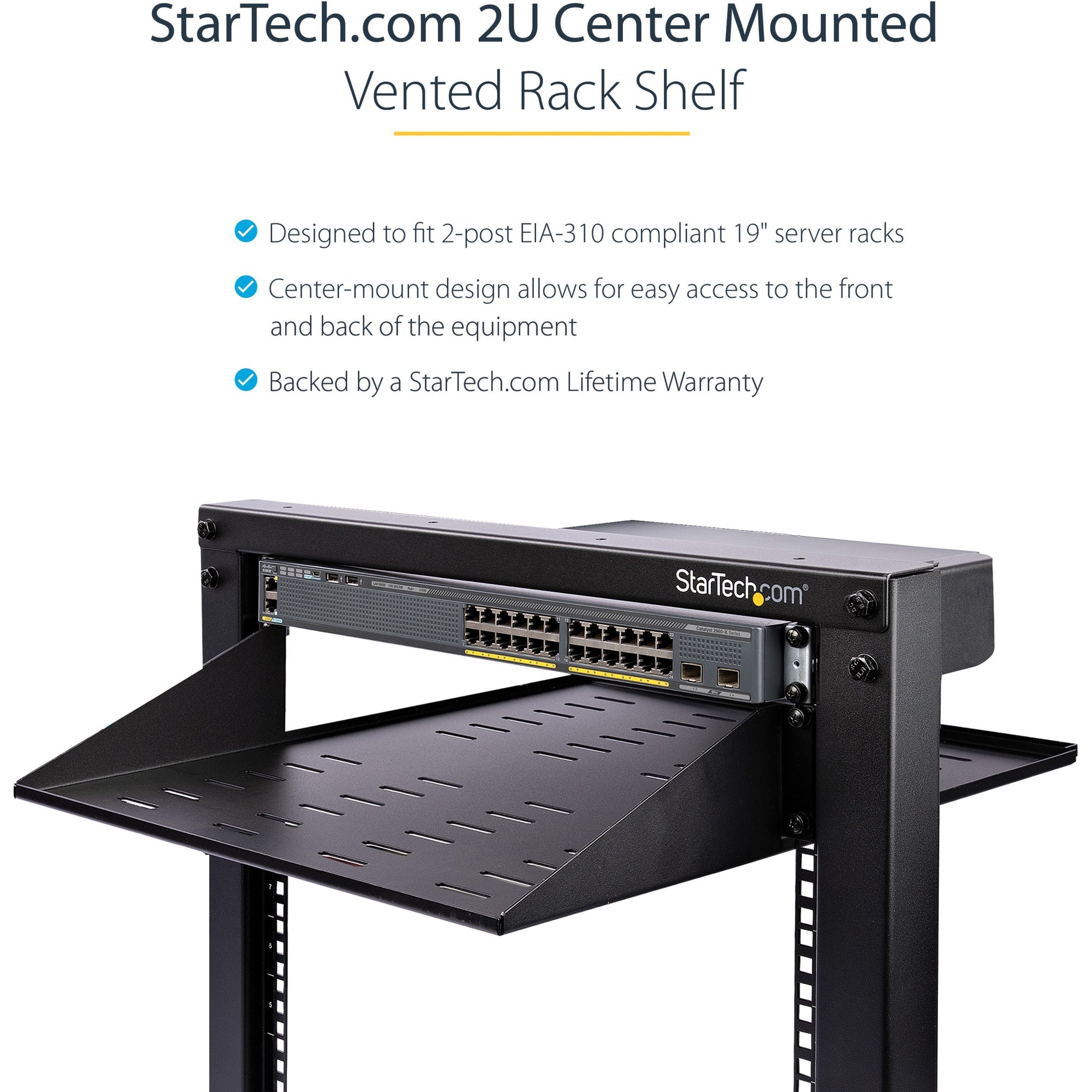 StarTech.com SHELF-2U-14-CENTER-V Universal Rack Shelf, Vented 2U Cantilever Tray for 19" Data/AV/Network Enclosure