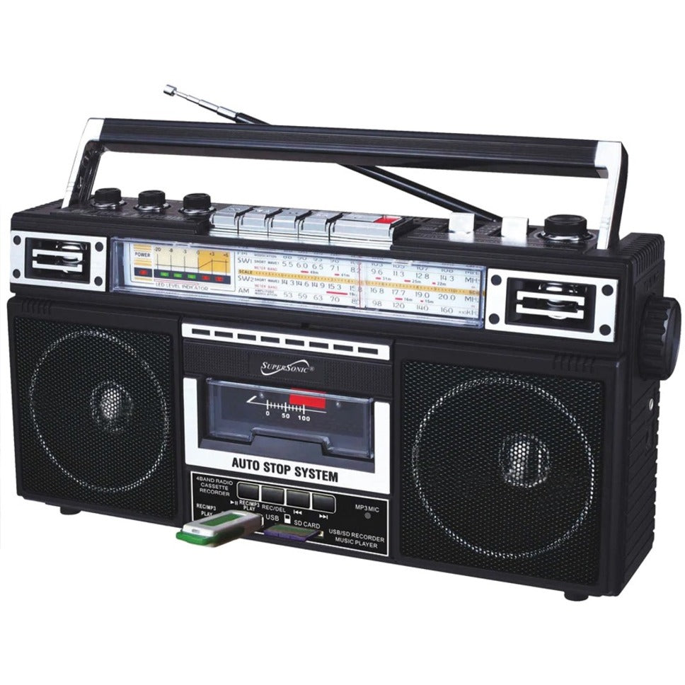 Supersonic SC-3201BTBLACK 4 Band Radio & Cassette Player + Cassette To Mp3 Converter & Bluetooth, 4W RMS Output Power, Integrated Speaker