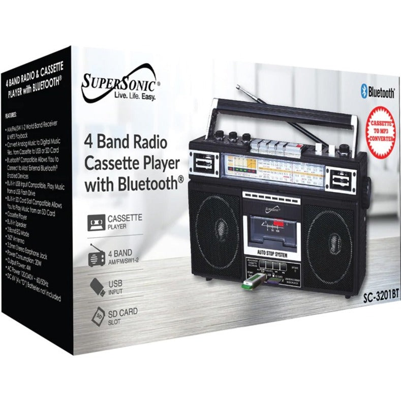 Supersonic SC-3201BTBLACK 4 Band Radio & Cassette Player + Cassette To Mp3 Converter & Bluetooth, 4W RMS Output Power, Integrated Speaker