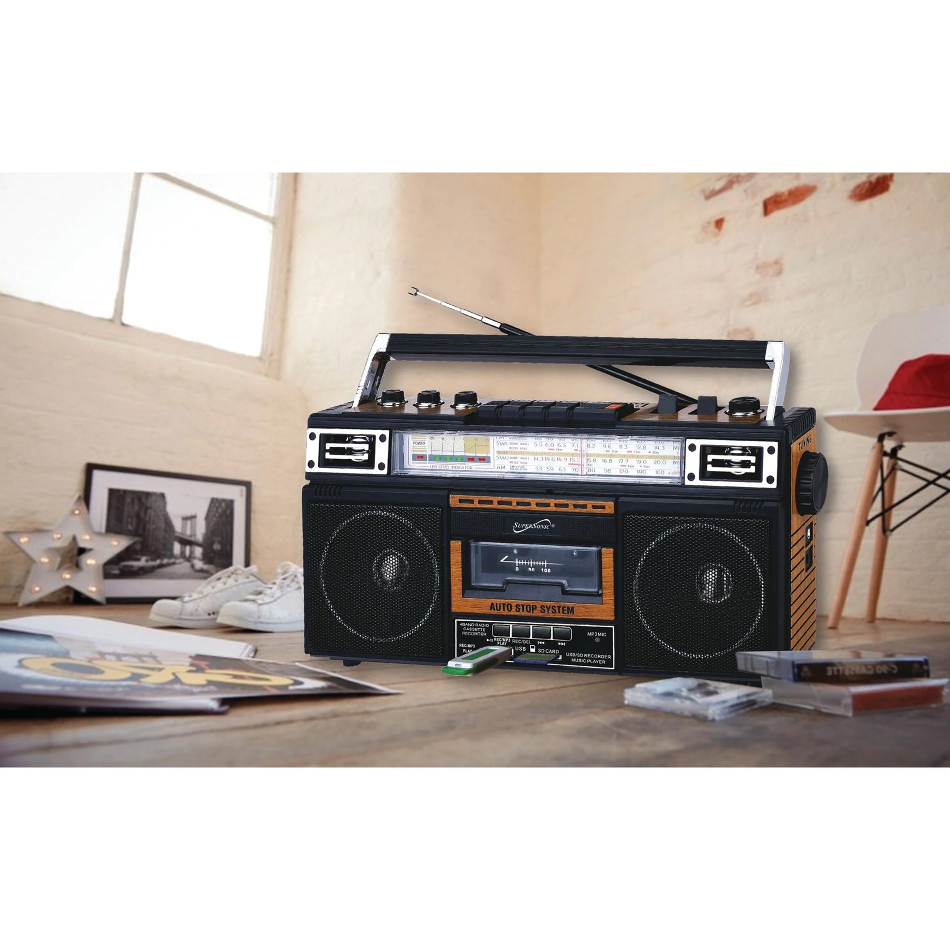 Supersonic SC-3201BTWOOD 4 Band Radio & Cassette Player + Cassette To Mp3 Converter & Bluetooth, Wood