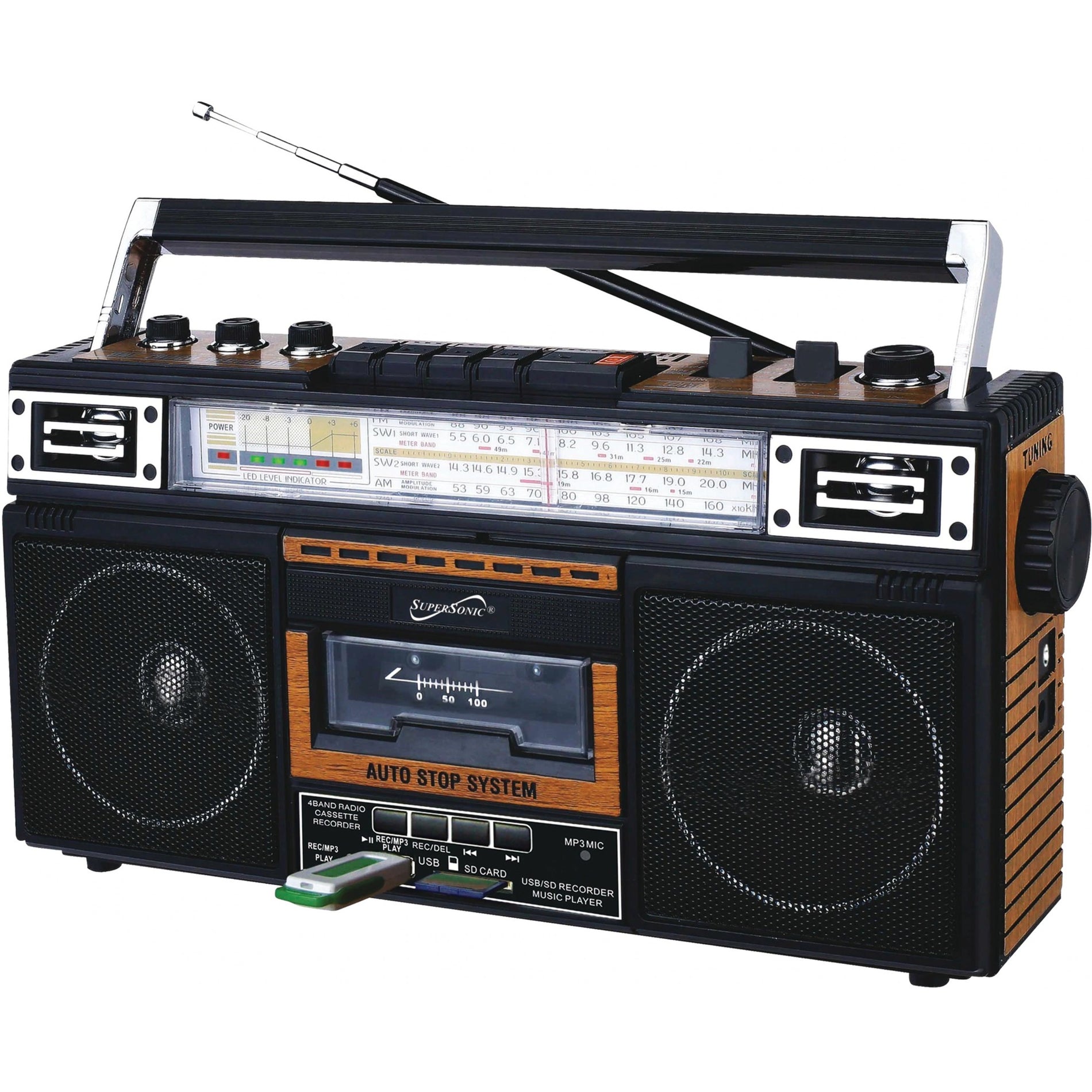 Supersonic SC-3201BTWOOD 4 Band Radio & Cassette Player + Cassette To Mp3 Converter & Bluetooth, Wood