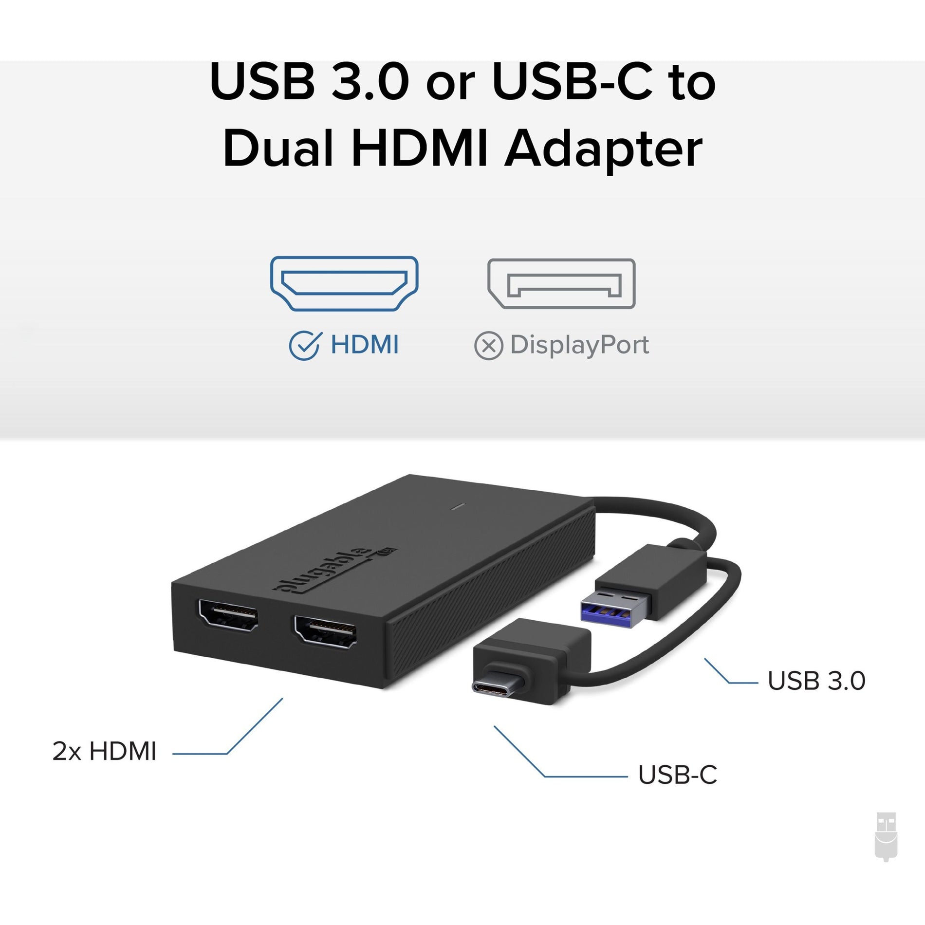 Plugable UGA-HDMI-2S HDMI/USB/USB-C Audio/Video Adapter, HDCP, Charging, 1920 x 1080 Resolution