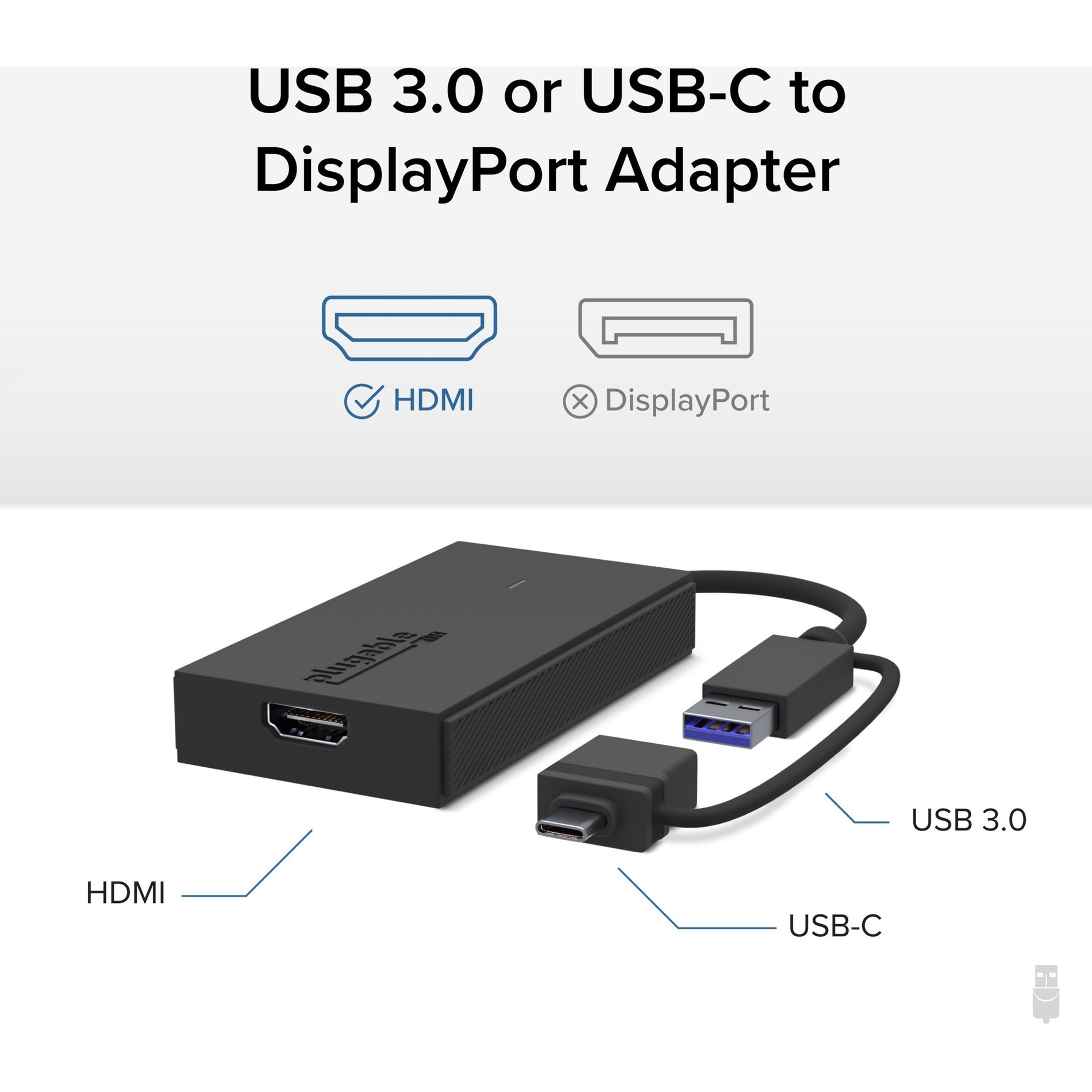Plugable UGA-HDMI-S HDMI/USB/USB-C Audio/Video Adapter, HDCP, Charging