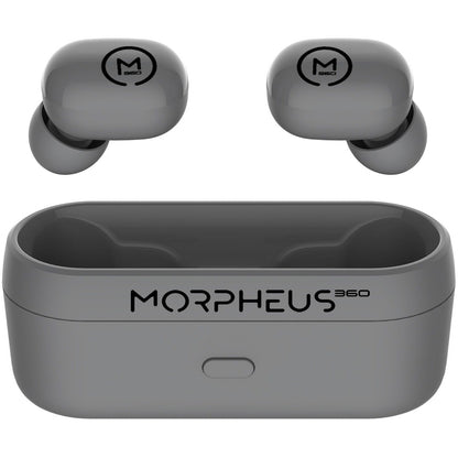 Morpheus 360 Spire wireless earbuds in gray with charging case showing brand logo-alternate-image1