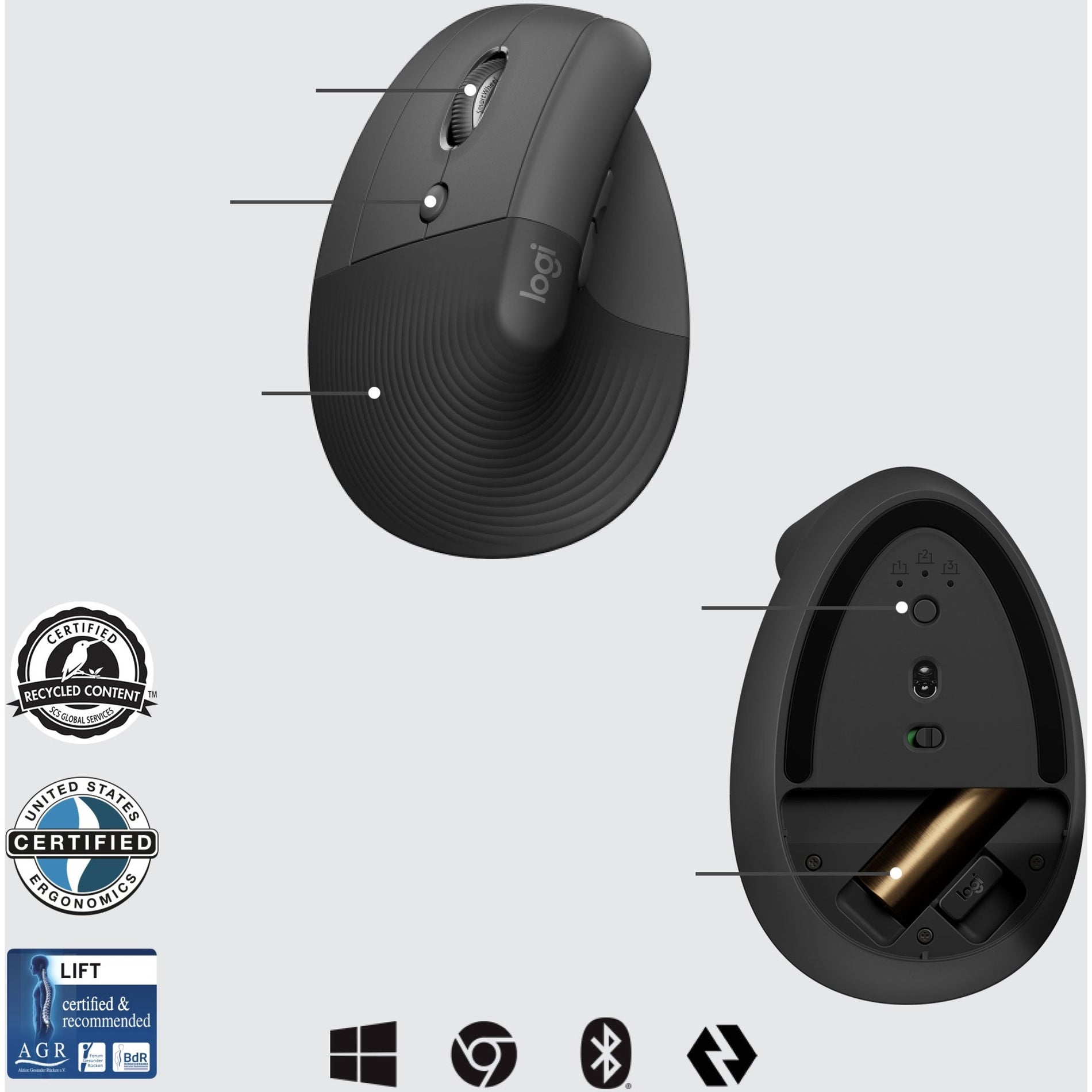 Logitech 910-006492 Lift Ergo Mouse, Left-Handed, Graphite, Wireless, 4000 dpi