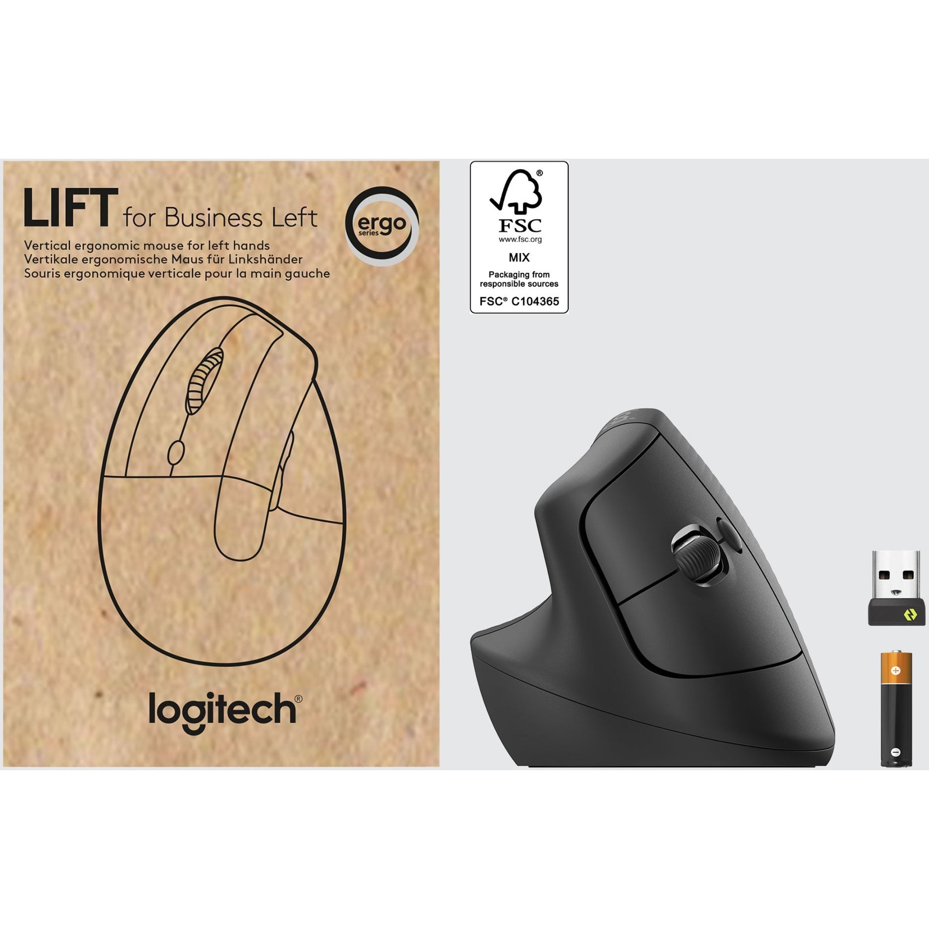 Logitech 910-006492 Lift Ergo Mouse, Left-Handed, Graphite, Wireless, 4000 dpi