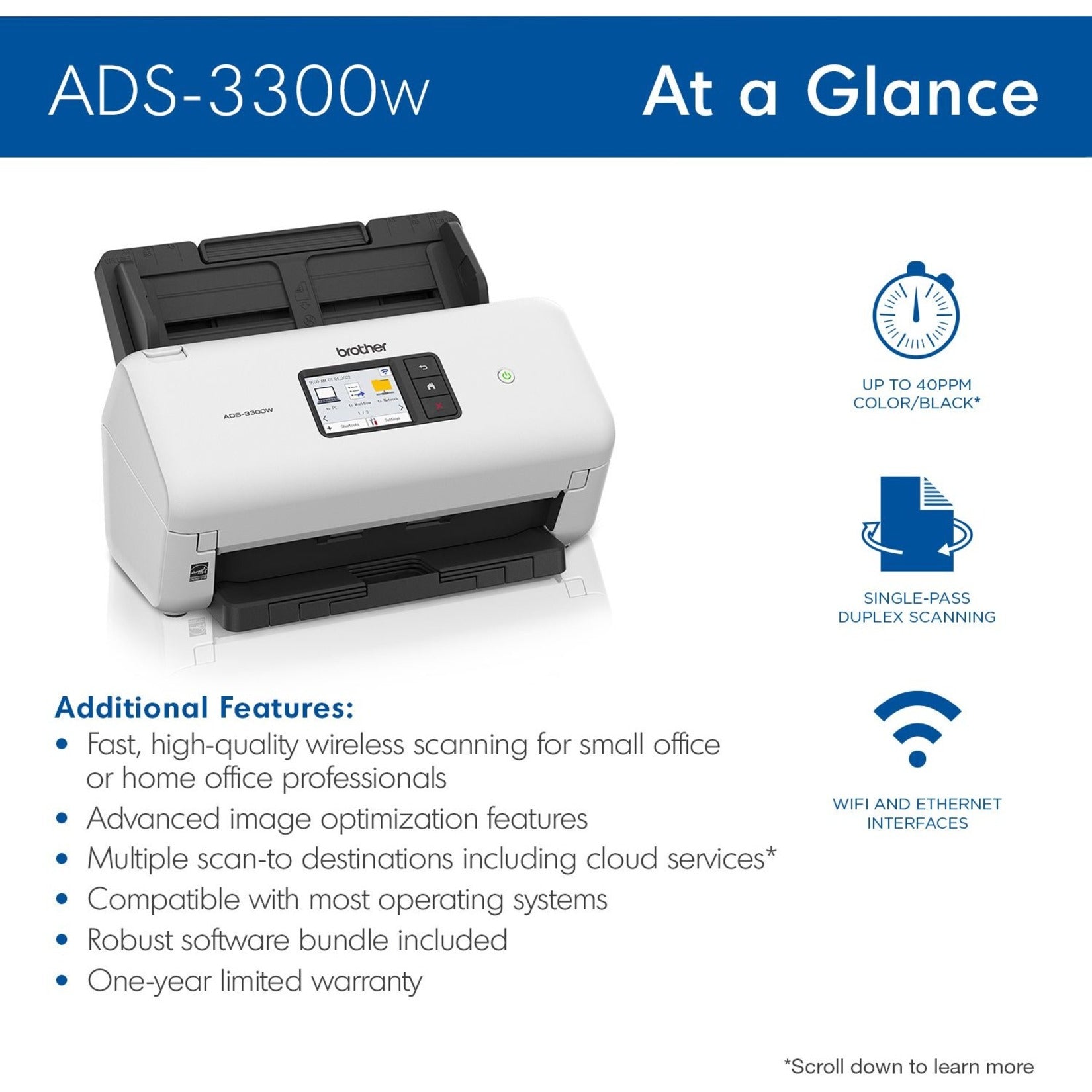 Brother ADS3300W Wireless High-Speed Desktop Scanner, ADF Capacity 60 Sheets, Duplex Scanning