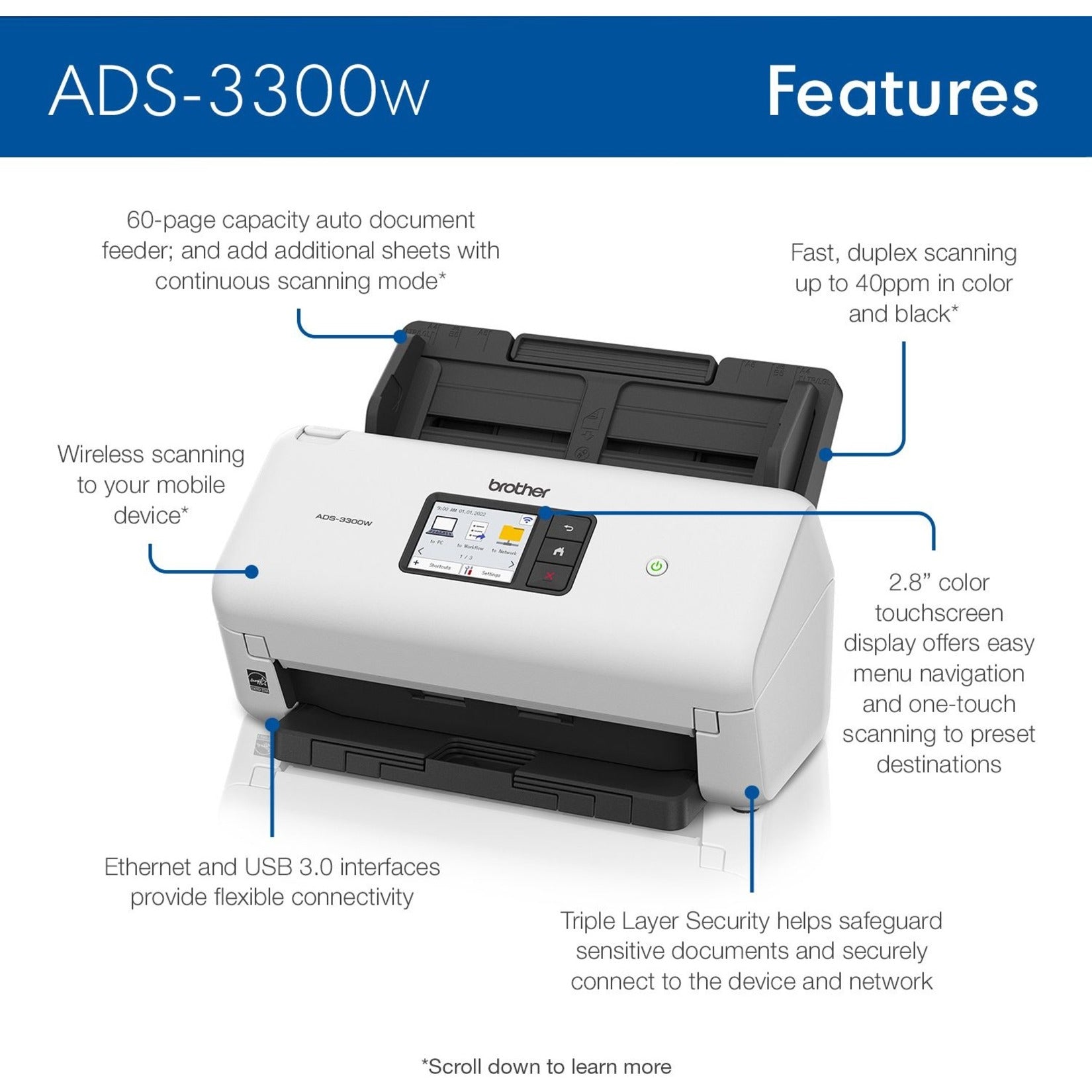 Brother ADS3300W Wireless High-Speed Desktop Scanner, ADF Capacity 60 Sheets, Duplex Scanning