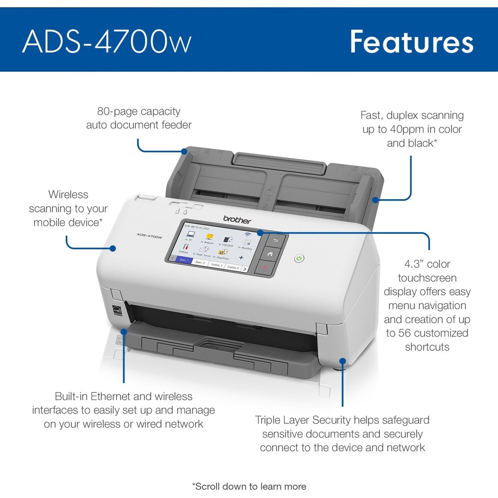 Brother ADS4700W Professional Desktop Scanner, ADF Capacity 80 Sheets, Duplex Scanning, 600 x 600 dpi