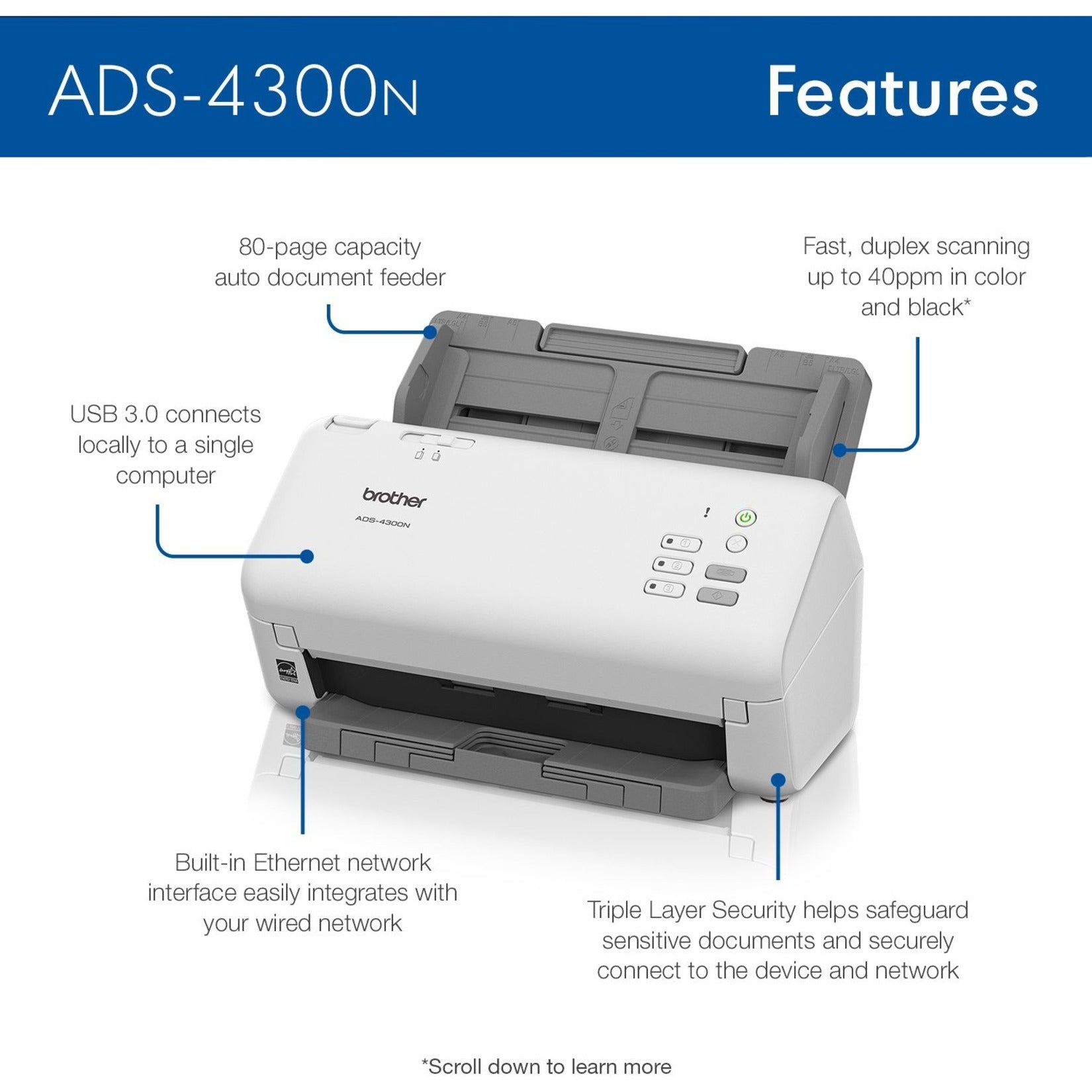 Brother ADS4300N Professional Desktop Scanner, ADF Capacity 80 Sheets, Duplex Scanning, 600 x 600 dpi