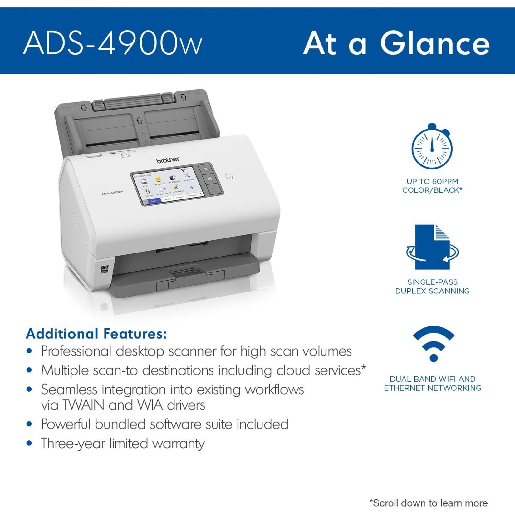 Brother ADS4900W Professional Desktop Scanner, Color, Duplex Scanning, 600 x 600 dpi, 120 ipm