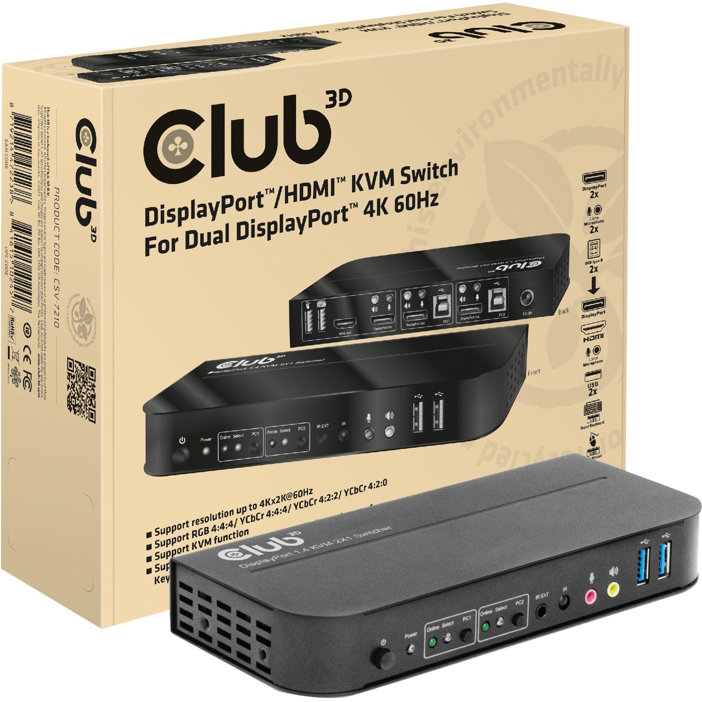 Club 3D CSV-7210 DisplayPort/HDMI KVM Switch For Dual DisplayPort 4K 60Hz, Hot Plug and RF Remote