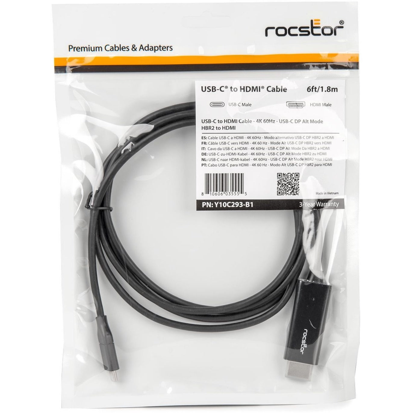 Rocstor Y10C293-B1 Premium USB-C to HDMI Kabel - 4K 60Hz Flexibel Reversible HDCP 2.2 18 m Schwarz