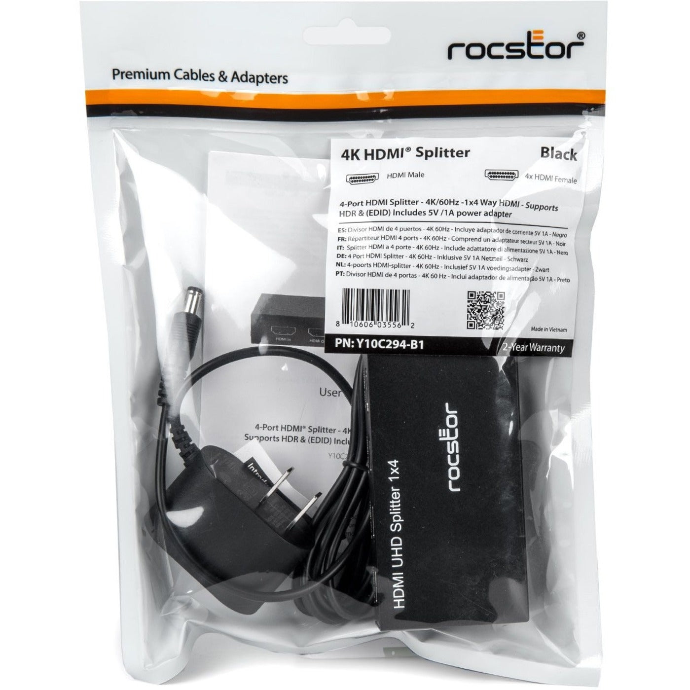 Rocstor Y10C294-B1 Premium 4 Port HDMI Splitter - 4K / 60Hz, High-Quality Signal Distribution for Multiple Displays