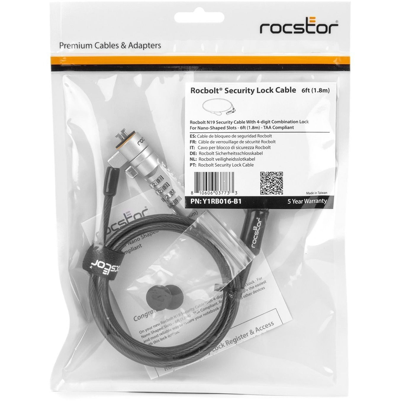 Rocstor Y1RB016-B1 Rocbolt N19 Security Cable, 6ft 4-Digit Combination Lock, TAA Compliant