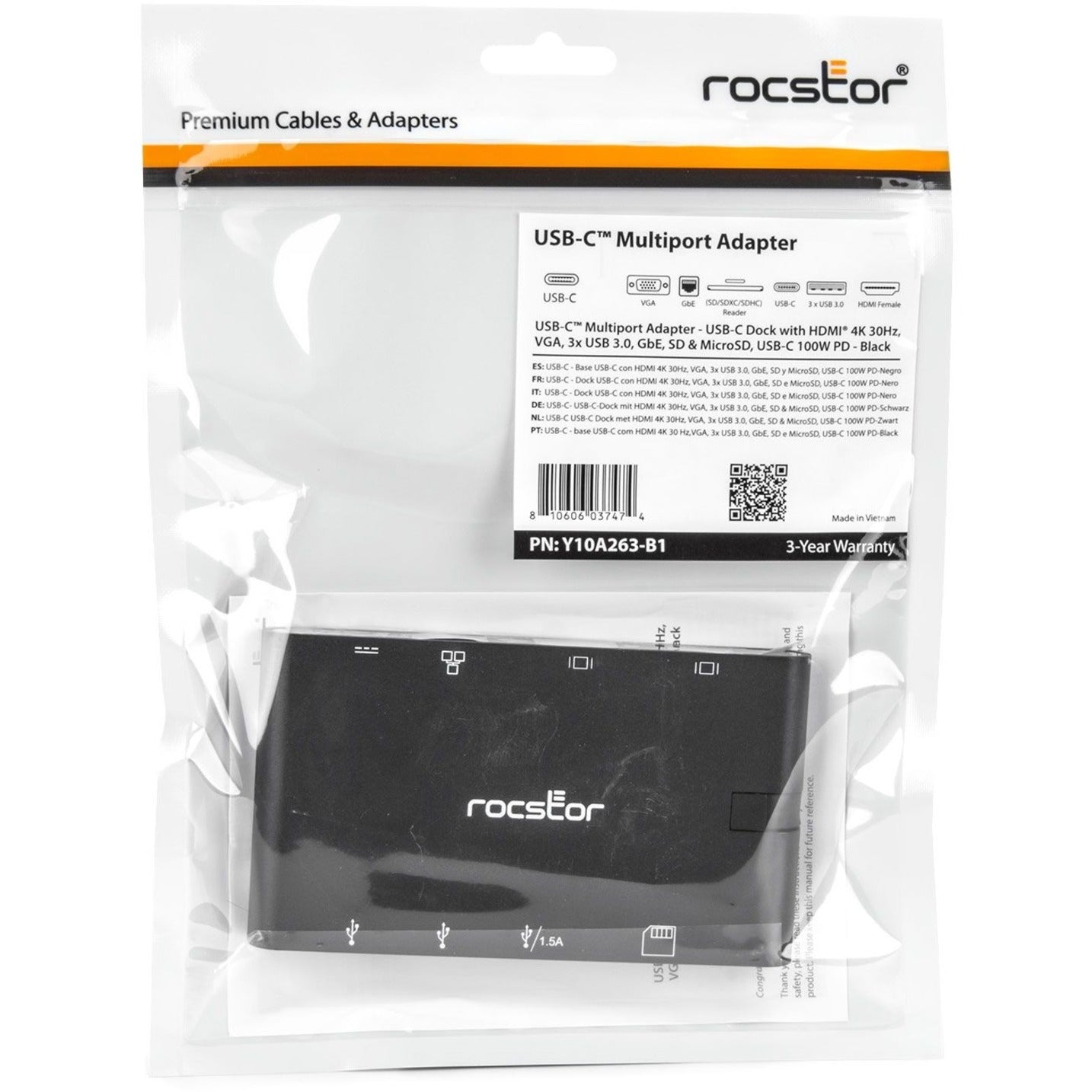 Rocstor Y10A263-B1 Portable USB-C Multiport Adapter, HDMI VGA USB 3.0 SD& MICRO SD