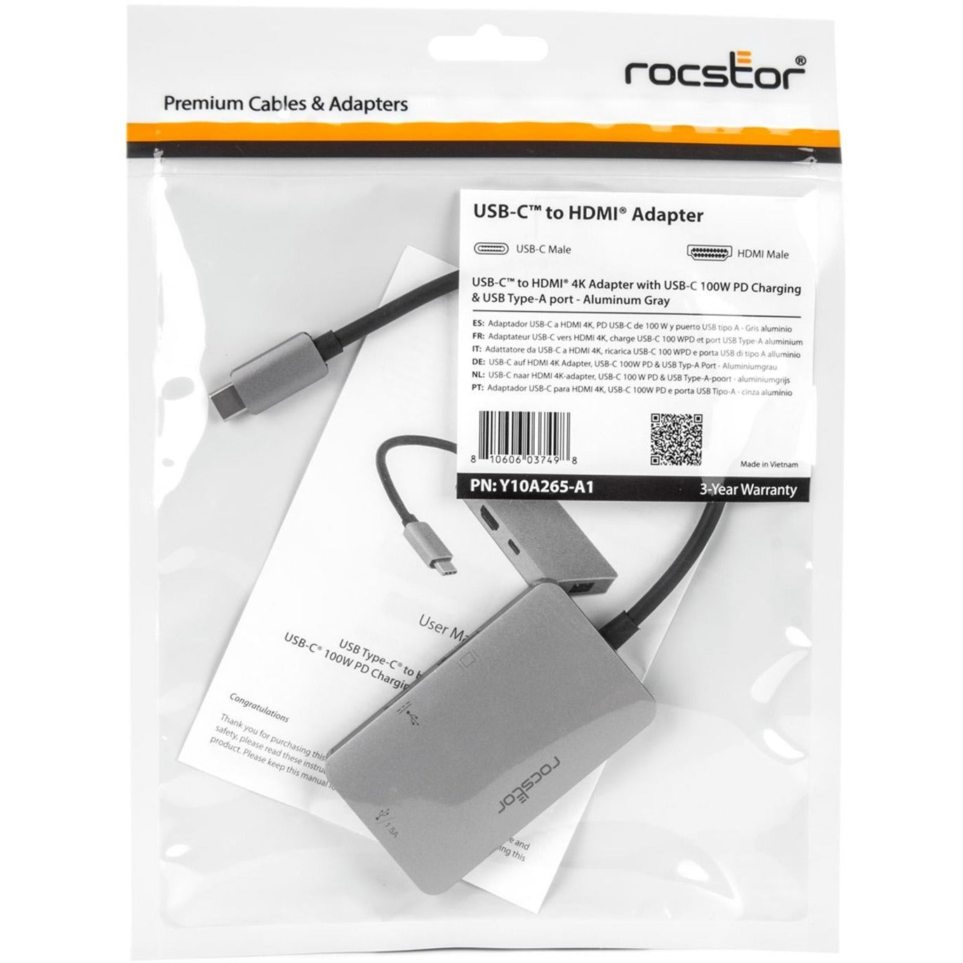 Rocstor Y10A265-A1 Premium USB-C to HDMI 4K Adapter, USB-C 100W PD Charging & USB Type-A port