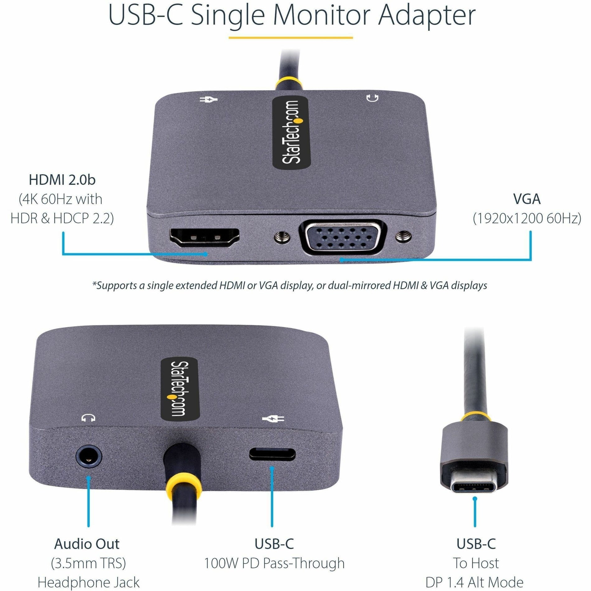 StarTech.com 122-USBC-HDMI-4K-VGA Mini-phone/USB-C/VGA/HDMi Audio/Video Adapter, 4K 60Hz, 100W PD