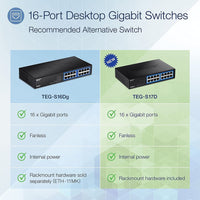 TRENDnet 16-Port Gigabit Desktop Switch, TEG-S17D, 16 x Gigabit RJ-45 Ports, 32Gbps Switching Capacity, Fanless Design, Metal Enclosure, Internal Power Supply, Lifetime Protection, Black (TEG-S17D) Alternate-Image1 image