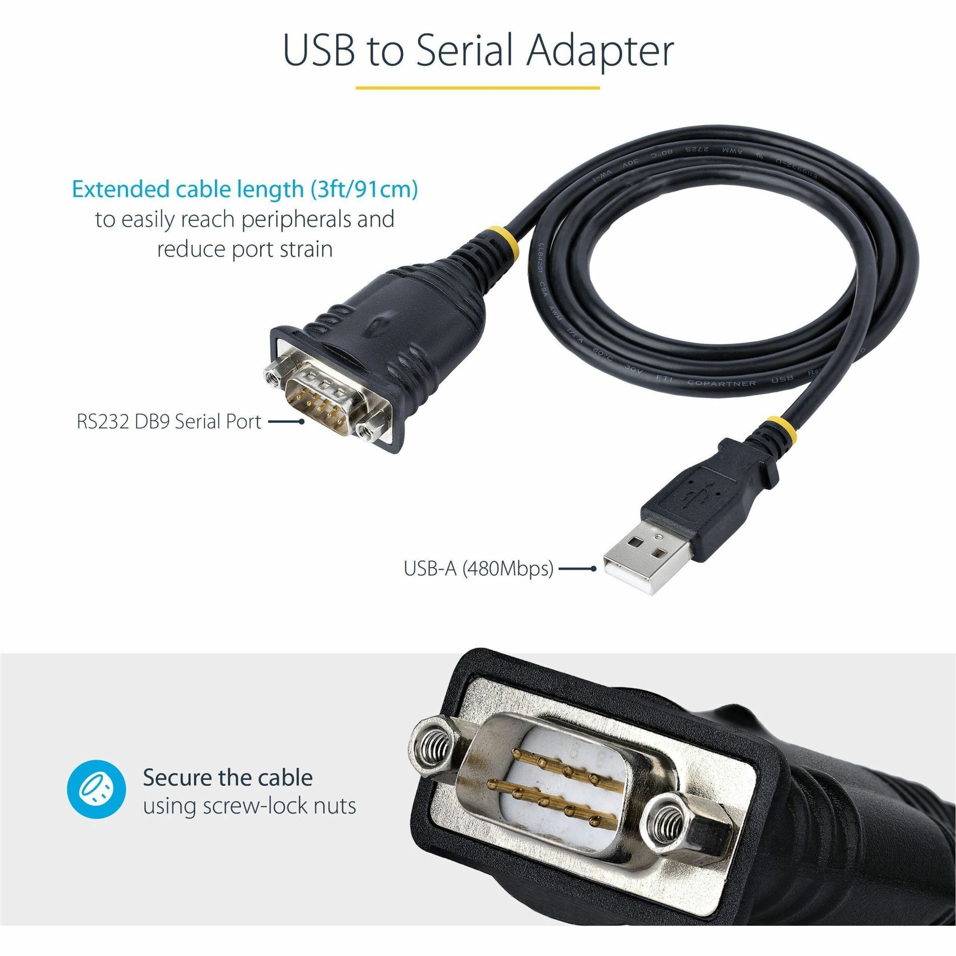 StarTech.com 1P3FP-USB-SERIAL USB to Serial Adapter, 3ft (1m) Cable, DB9 Male RS232 to USB Converter, COM Port Adapter with Prolific IC