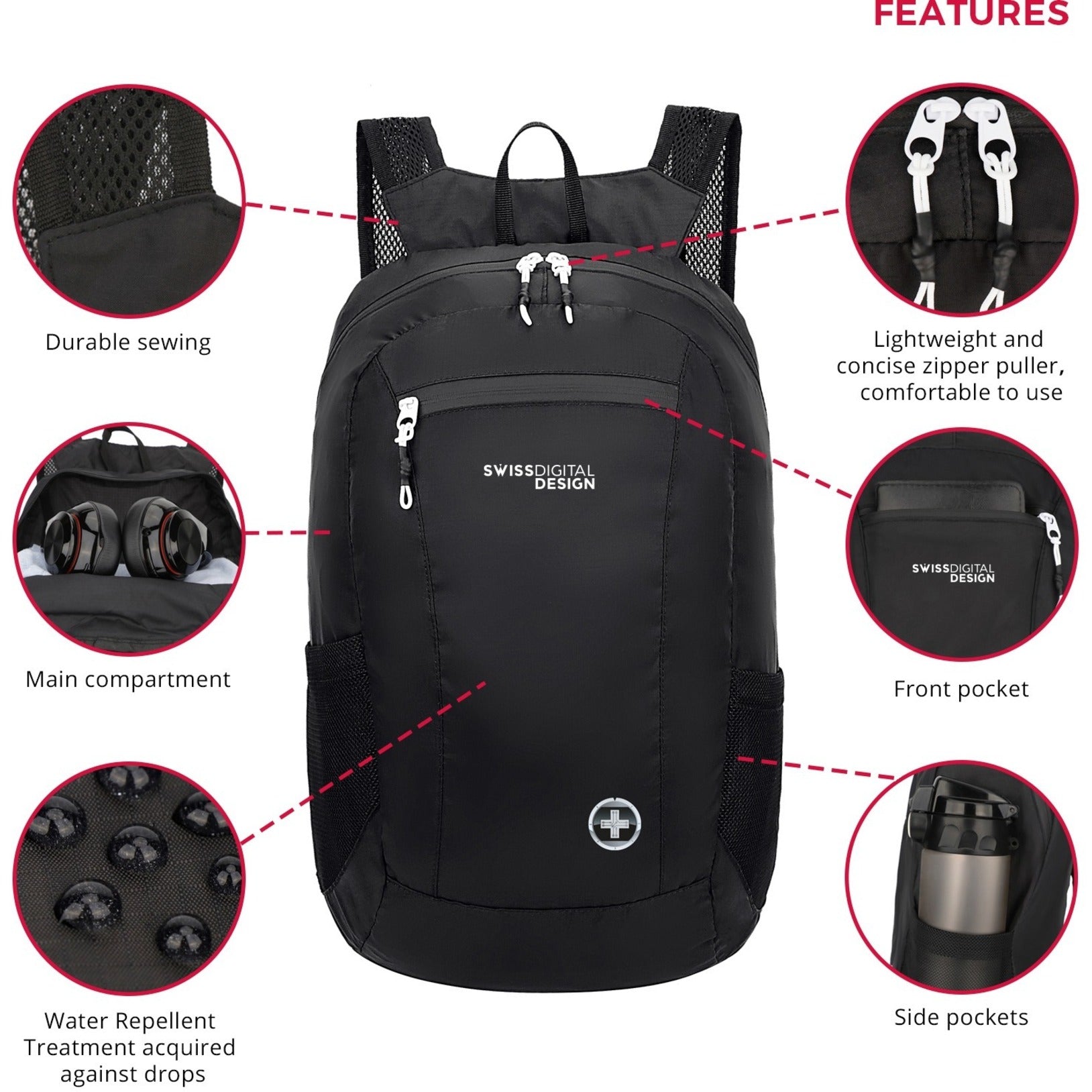 Swissdigital Design SD1595-01 Seagull Foldable Backpack, Water-Resistant, Lightweight, Large Capacity