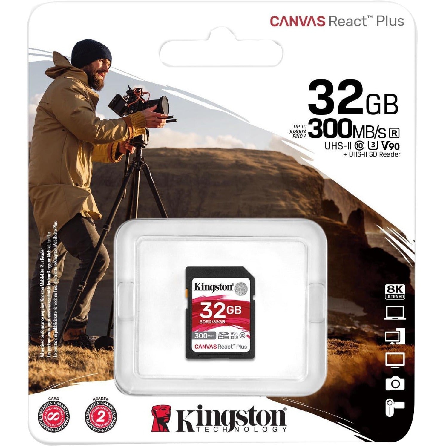 Kingston SDR2/32GB Canvas React Plus 32GB SDHC Card, 300 MB/s Read Speed, V90 Video Speed Class