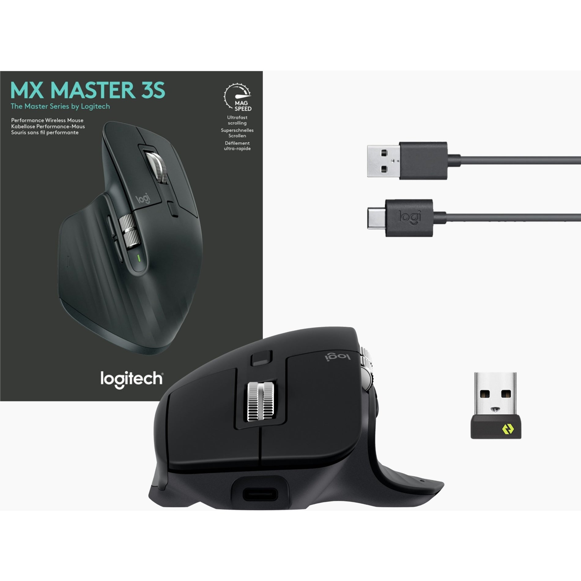 Logitech 910-006556 MX Master 3S Performance Wireless Mouse, BOLT Receiver, Black