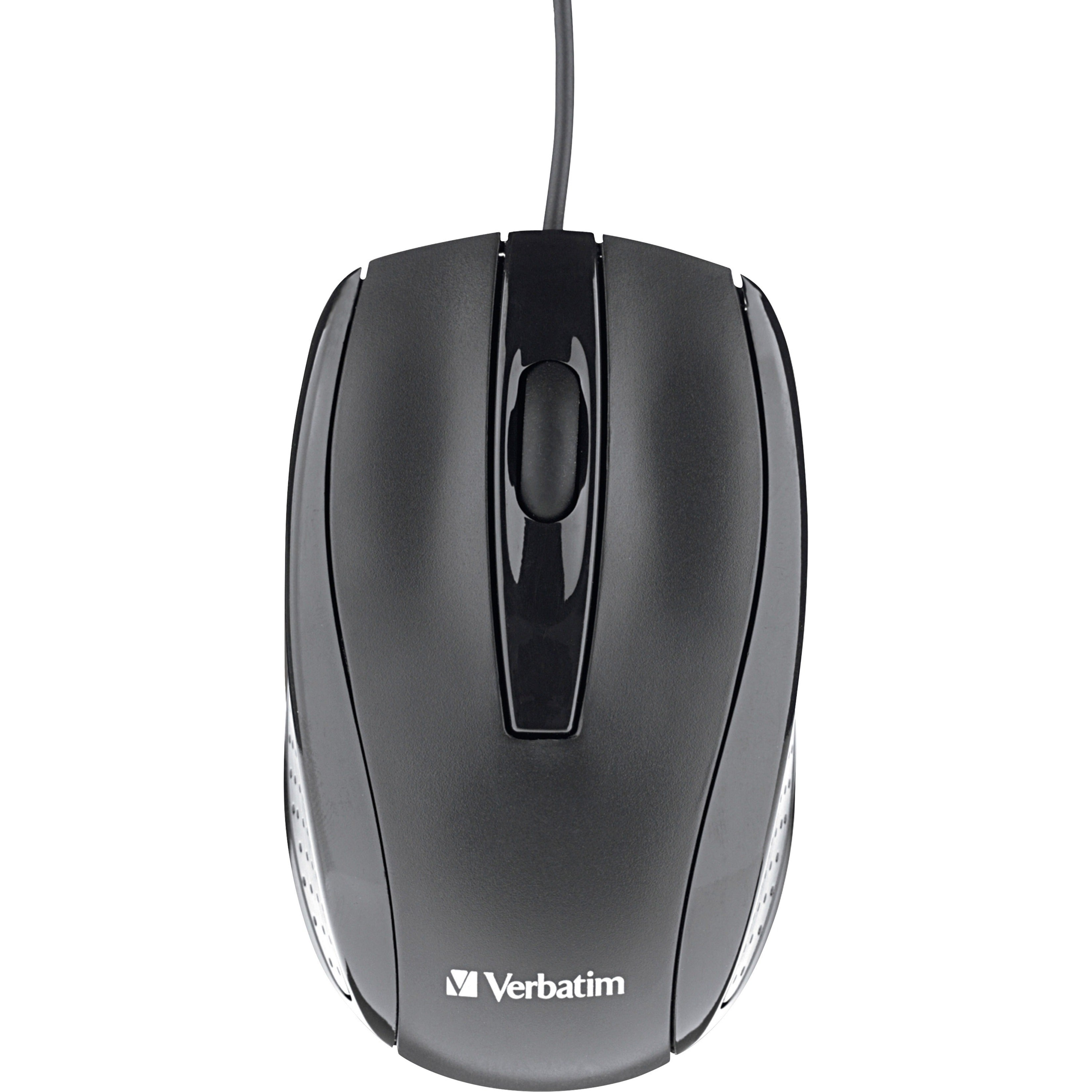 Top view of black Verbatim corded optical mouse showing sleek design and scroll wheel-alternate-image1