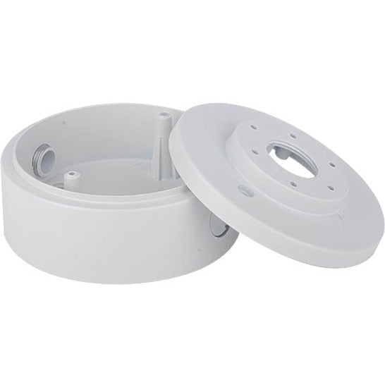 White circular junction box with removable cover showing internal cable management space for surveillance camera mounting-alternate-image1