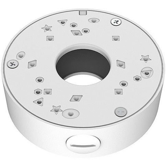 White circular aluminum junction box with multiple mounting holes and central cable access port for surveillance camera installation-alternate-image1