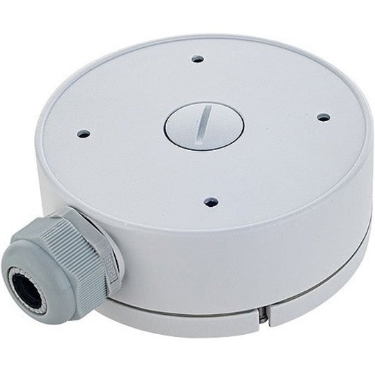 White circular junction box with waterproof cable entry point and mounting holes for network camera installation-alternate-image1